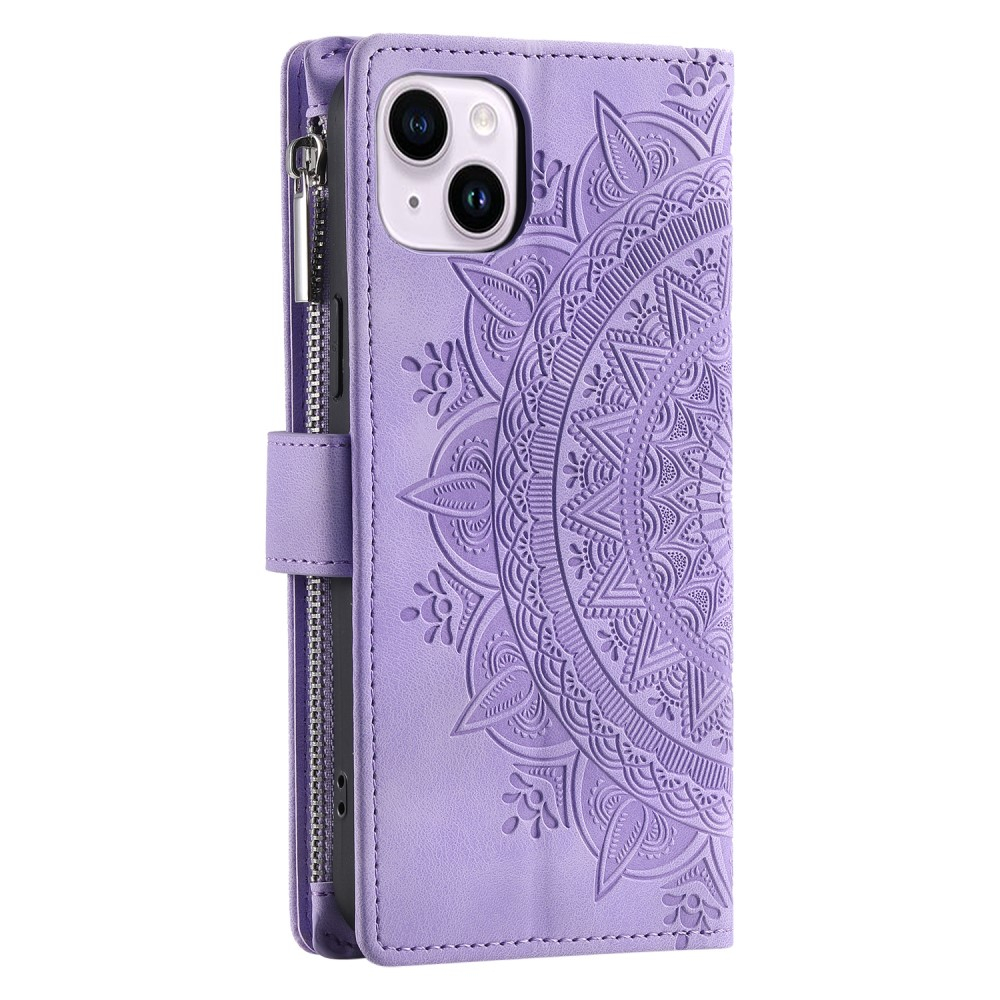 iPhone 15 Leder Tasche Flip Cover mit Reissverschluss - Mandala Flowers Imprint - Lila