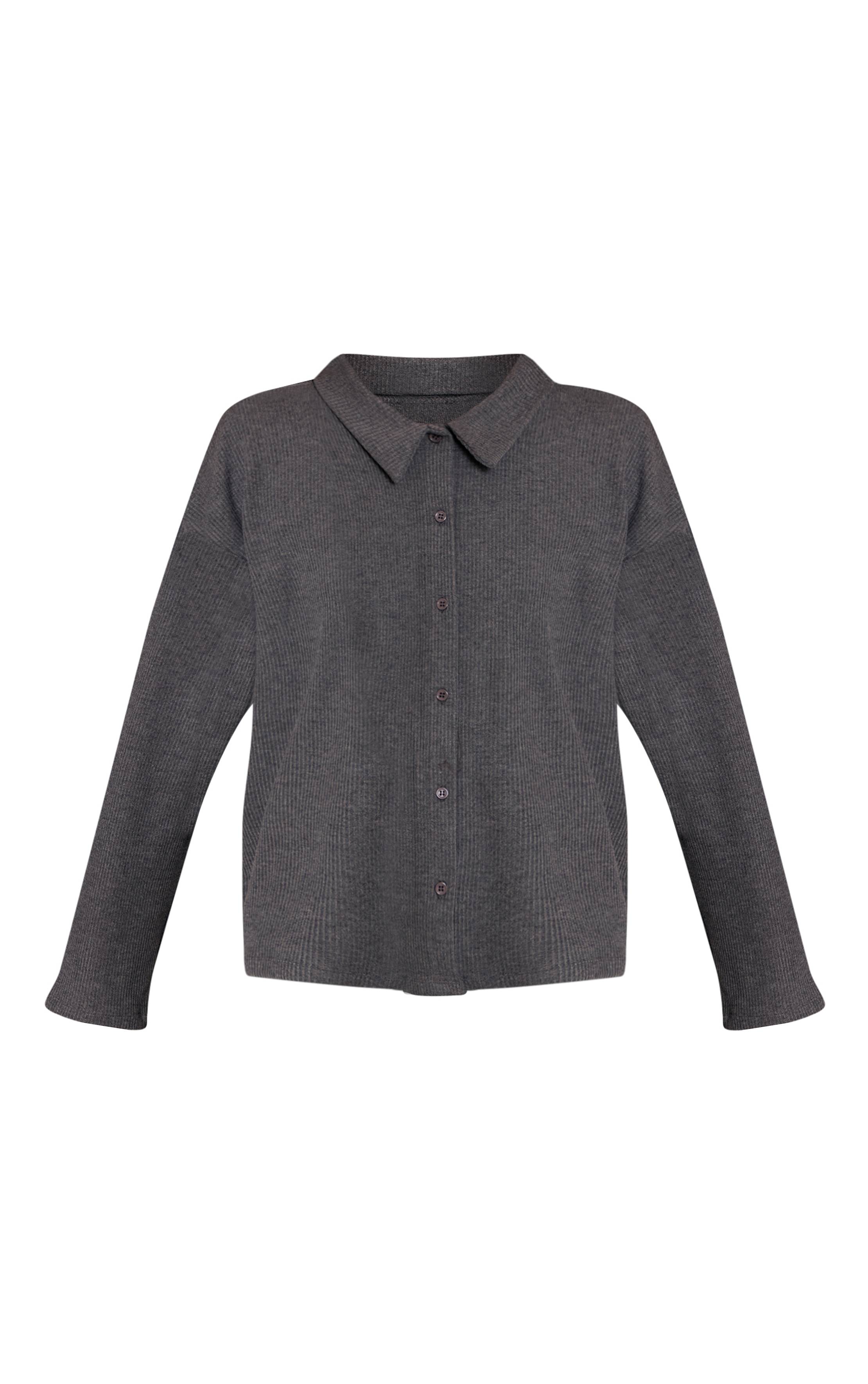 Charcoal Grey Chemise Côtelée Épaisse À Manches Longues Et Col