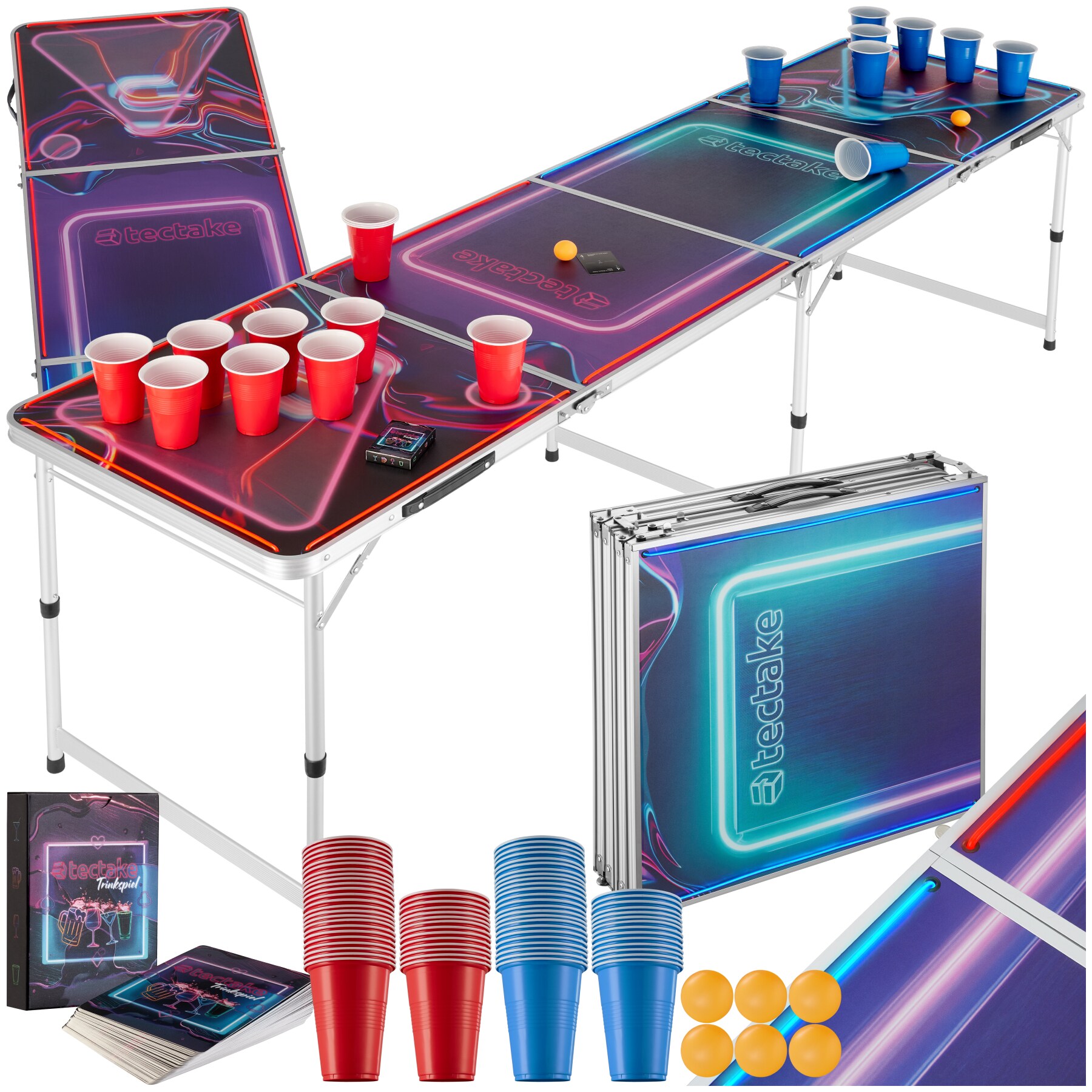 tectake® Bierpongtisch, aus Aluminium, mit LED-Beleuchtung, bodenschonende Kunststofffüße, inklusive 100 Bechern, 6 Bällen und Kartentrinkspiel
