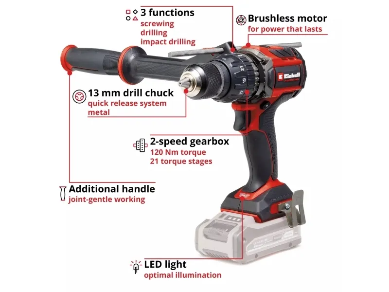 Einhell TP-CD 18/120 Li-i BL, Pistolgreb boremaskine, Børstefri, Sort, Rød, 1,3 cm, 2100 rpm, 1,5 mm - SOLO