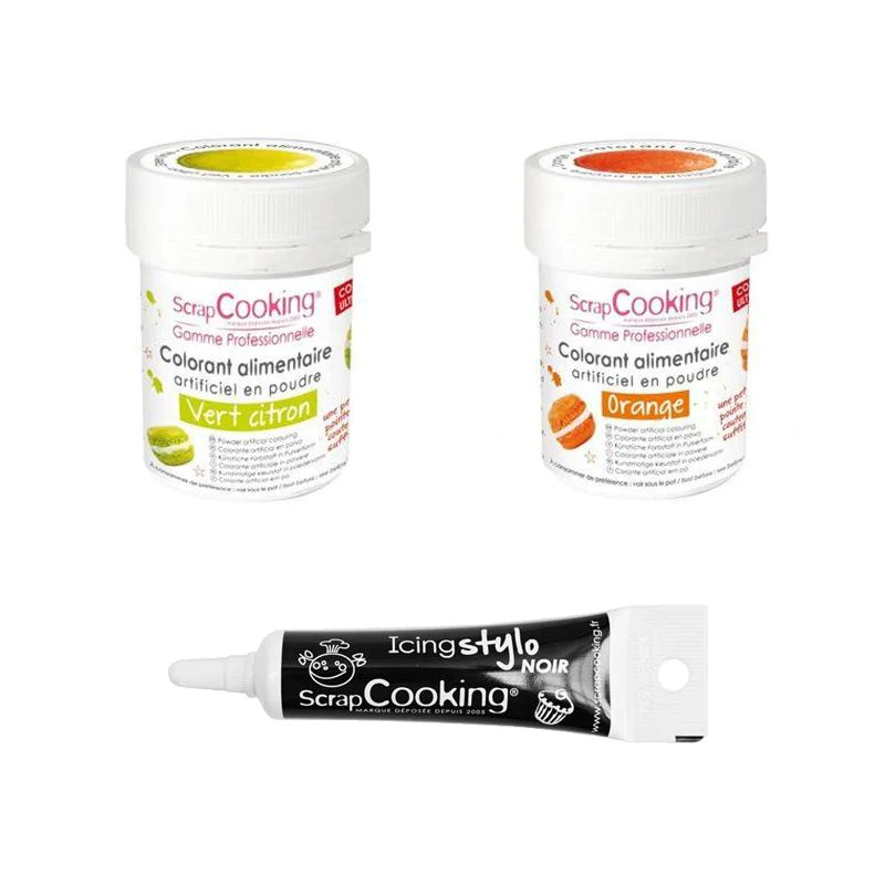 2 colorants alimentaires orange-vert citron + Stylo glaçage noir Scrap