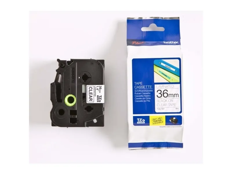 Brother TZe-161 labeltape - 36mm x 8m sort på klar