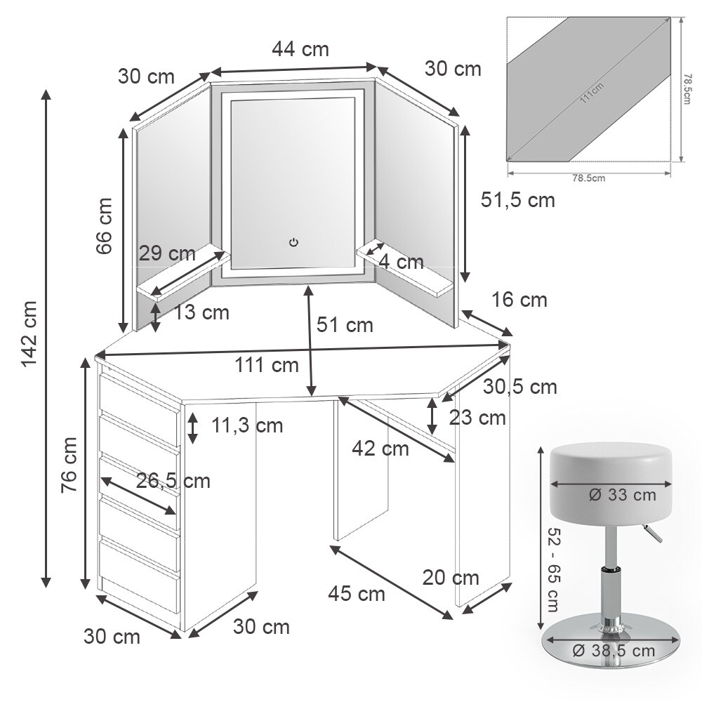 Vicco Eckschminktisch Frisiertisch Schminkkommode Arielle Weiß LED-Spiegel Hocker 111x142 cm modern Schlafzimmer Kommode Schublade Ablage Aufbewahrung Kosmetiktisch Schminkkonsole Make-Up-Tisch
