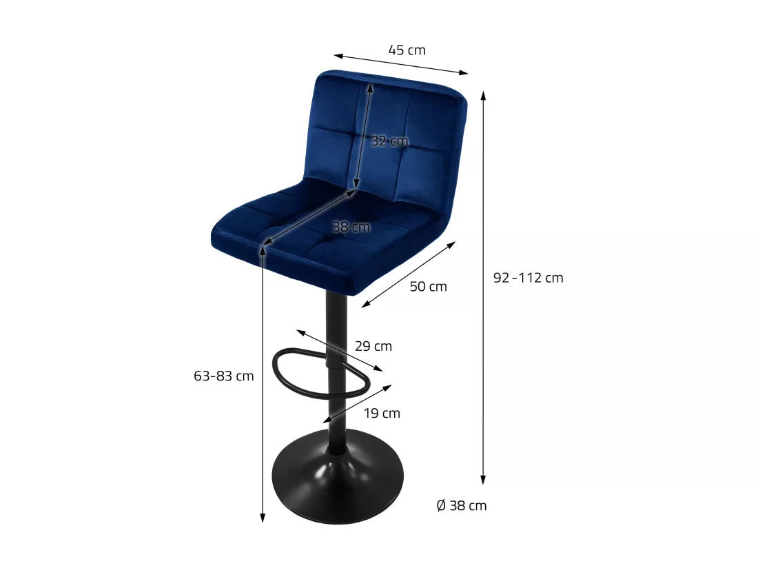 Lot de 4 tabourets de bar rembourrées en velours bleu chaise réglable en hauteur