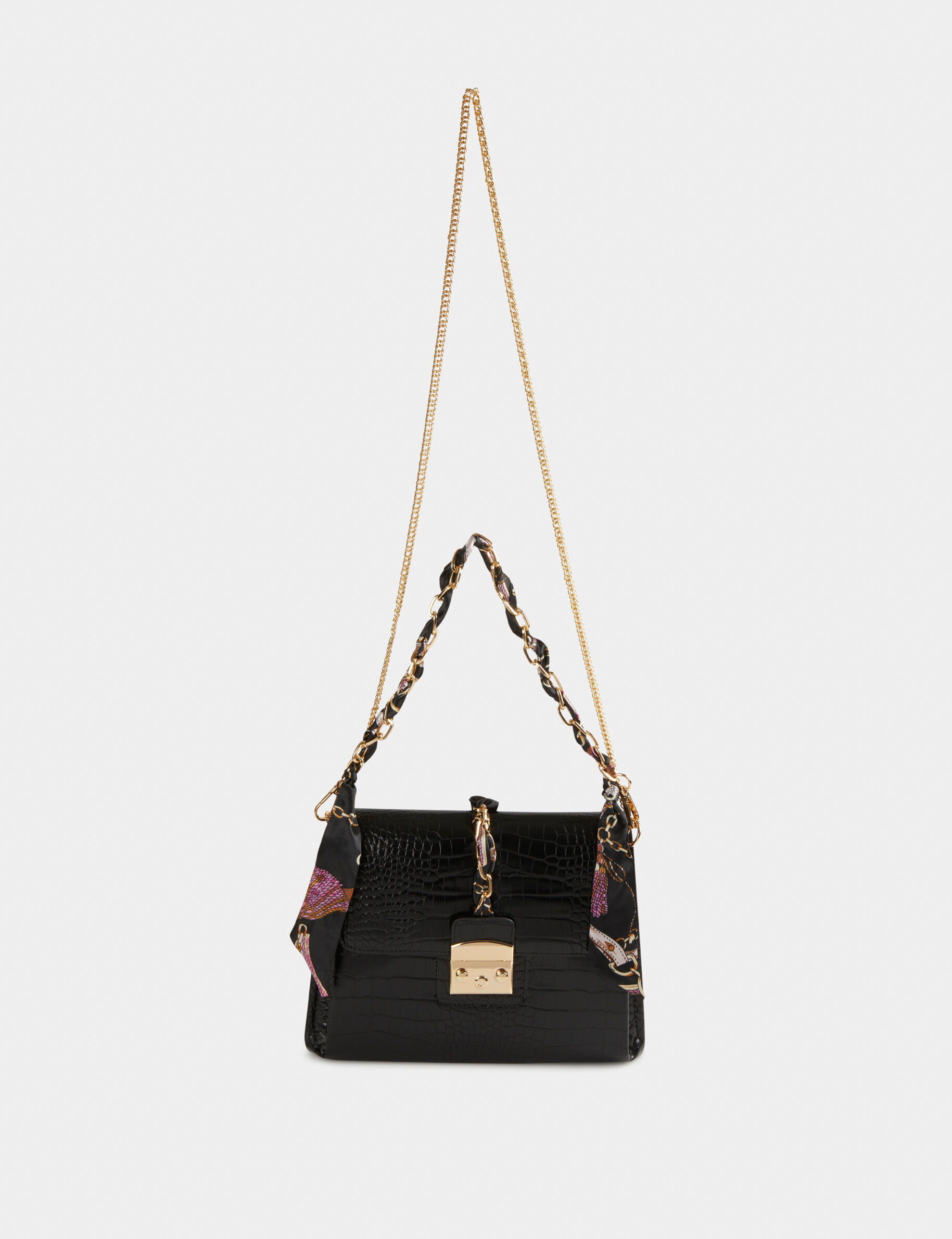 Sac pochette aspect croco avec foulard noir femme - noir
