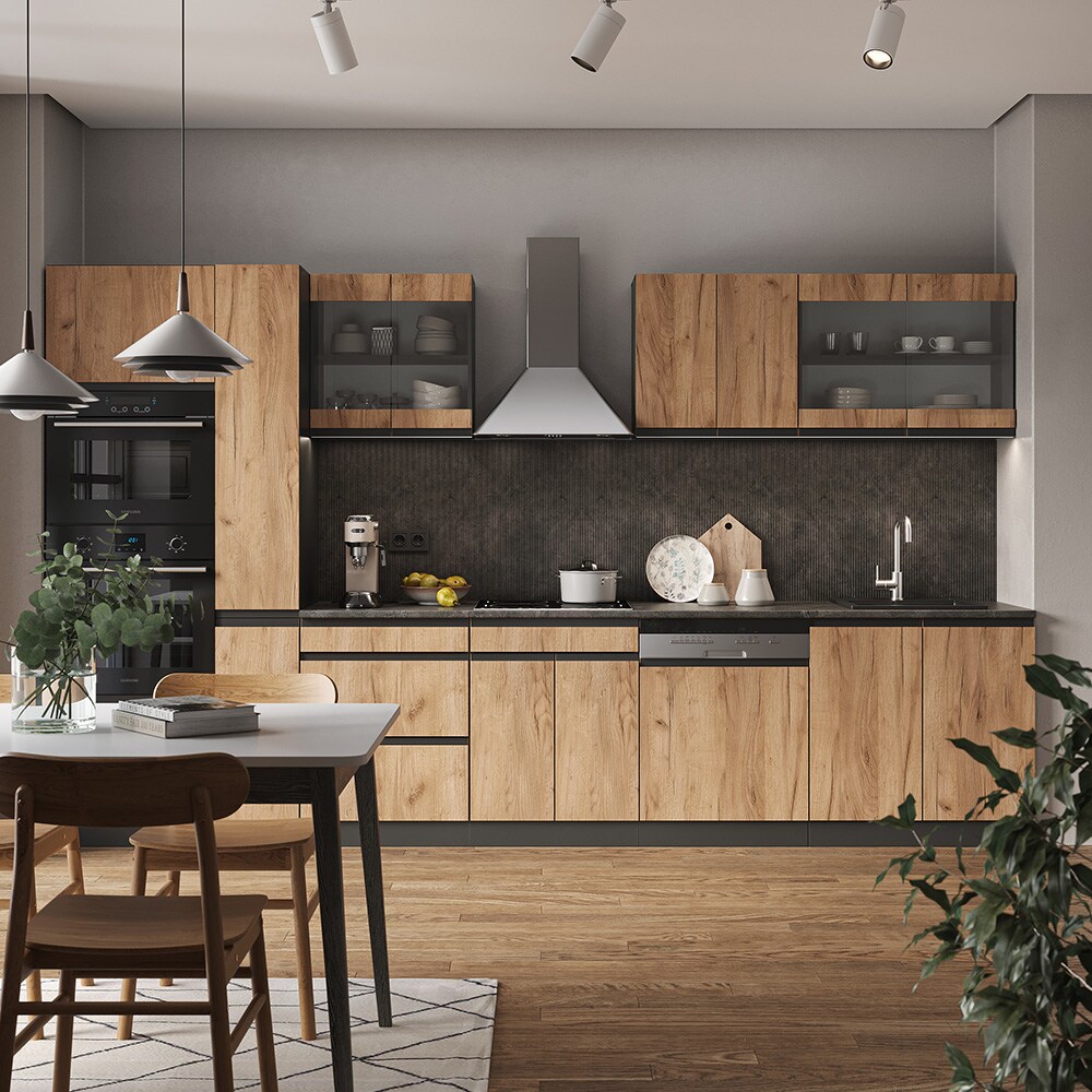 Vicco Küchenzeile Küchenblock Einbauküche R-Line J-Shape Anthrazit Eiche 350 cm modern Küchenschränke Küchenmöbel
