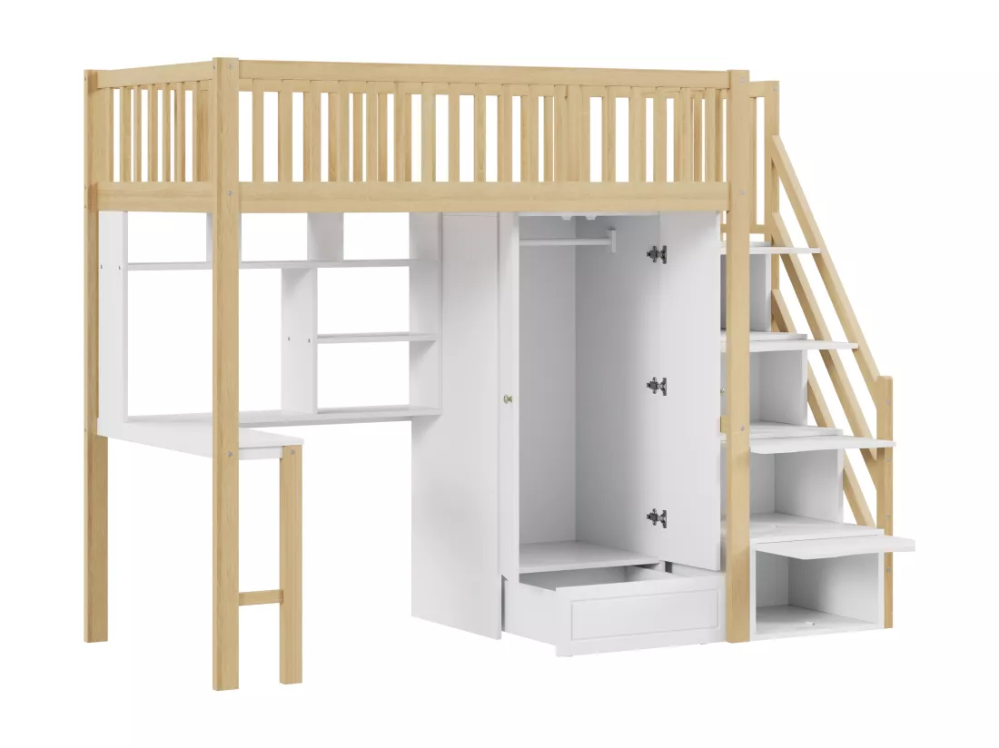 Lit mezzanine 90x200 cm - avec une penderie et un bureau - cadre de lit en bois - Blanc