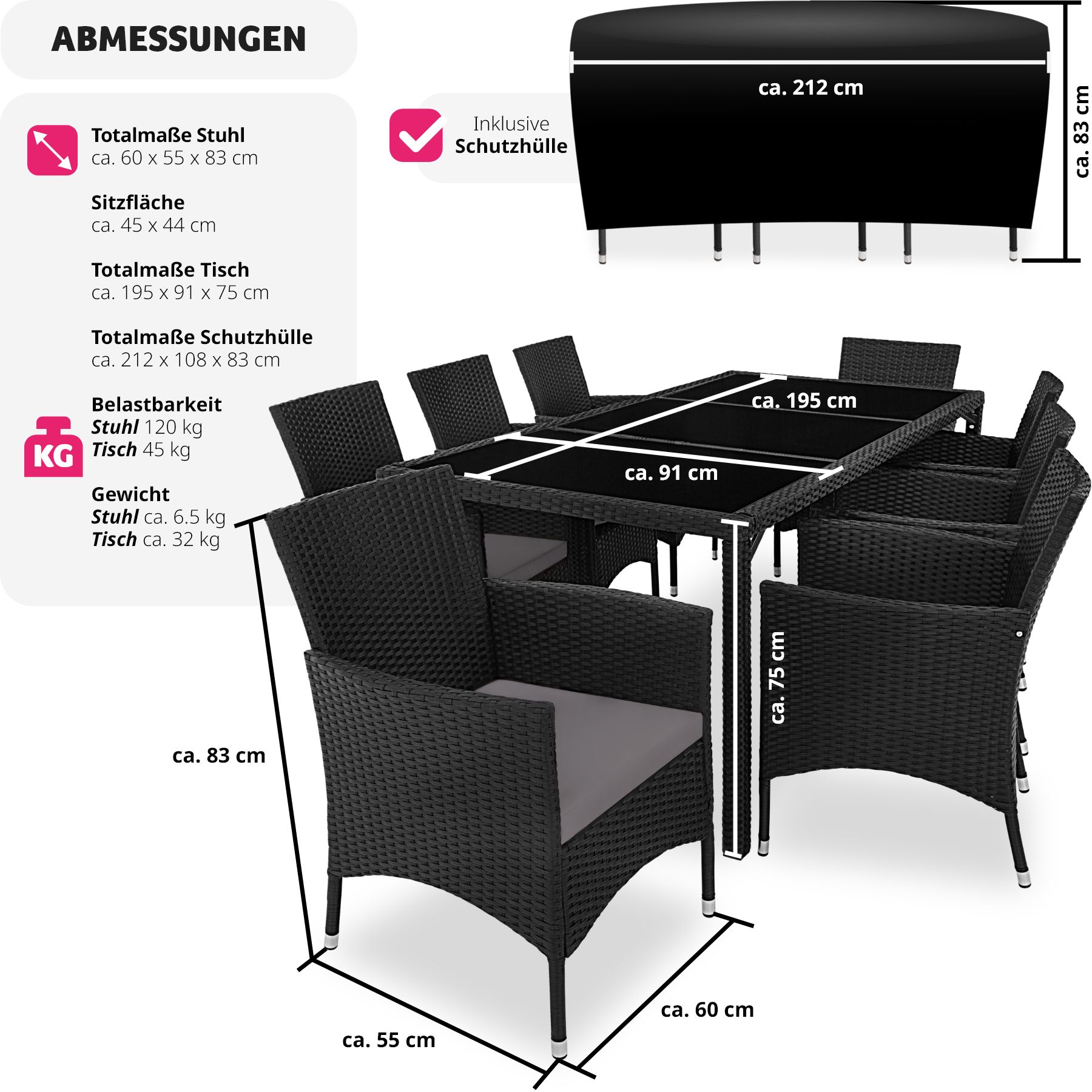 tectake® Rattan Sitzgruppe, für 8 Personen, UV-beständig, inklusive Schutzhülle
