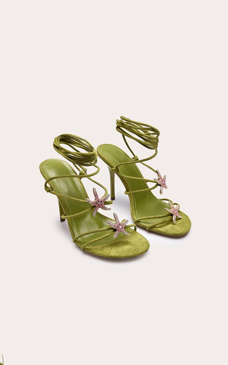 Vert Olive Sandales À Talons En Synthétique Avec Ornements Étoiles De Mer Et Lacets