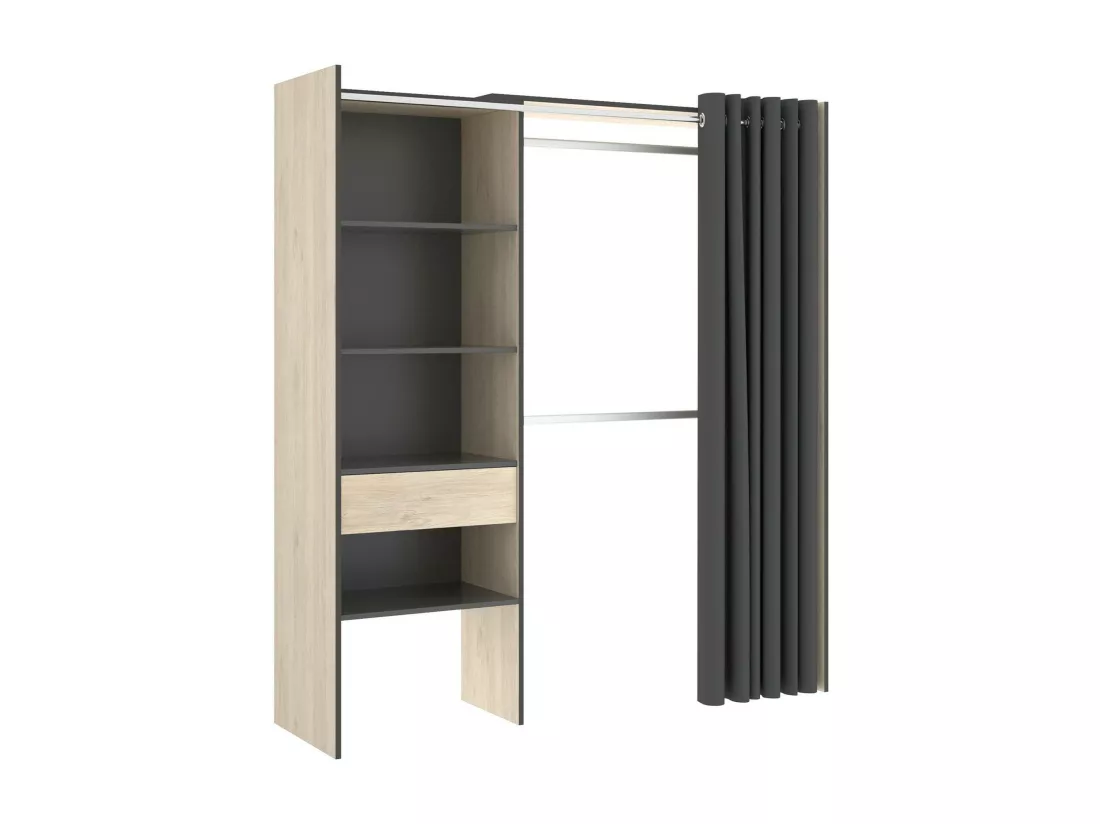 Armoire Dober, Structure pour dressing avec rideau, Cintre ouvert, 160x50h205 cm, Chêne et Anthracite