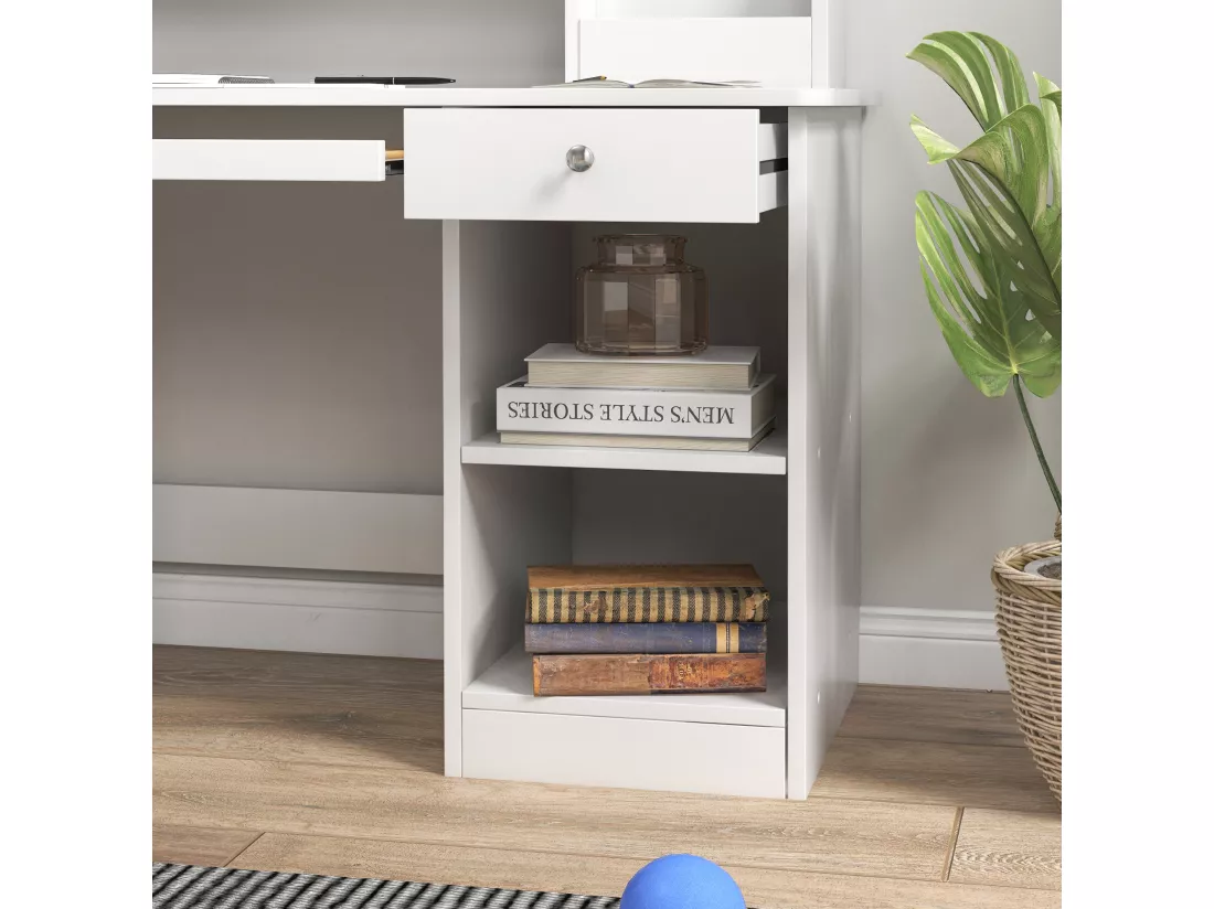 Bureau enfant multi-rangement - ensemble bureau, chaise, étagère - tiroir, plateau coulissant, 2 niches, 2 étagères, 2 présentoirs livres - blanc
