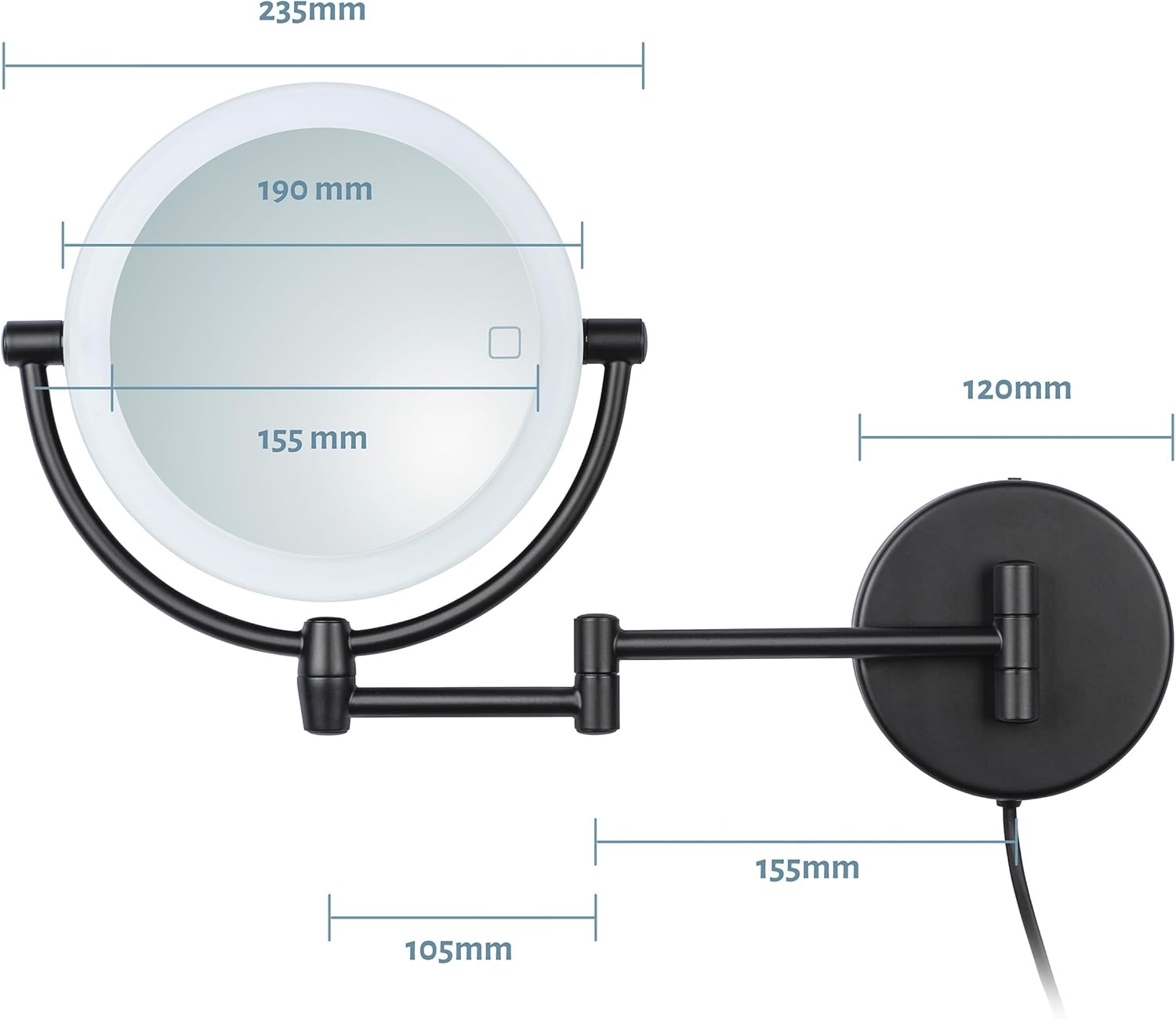 LED Kosmetikspiegel Modena schwarz – 360° Wand-Schminkspiegel mit Dimmer, Tageslicht-LEDs & 5x/10x Vergrößerung für perfektes Make-up