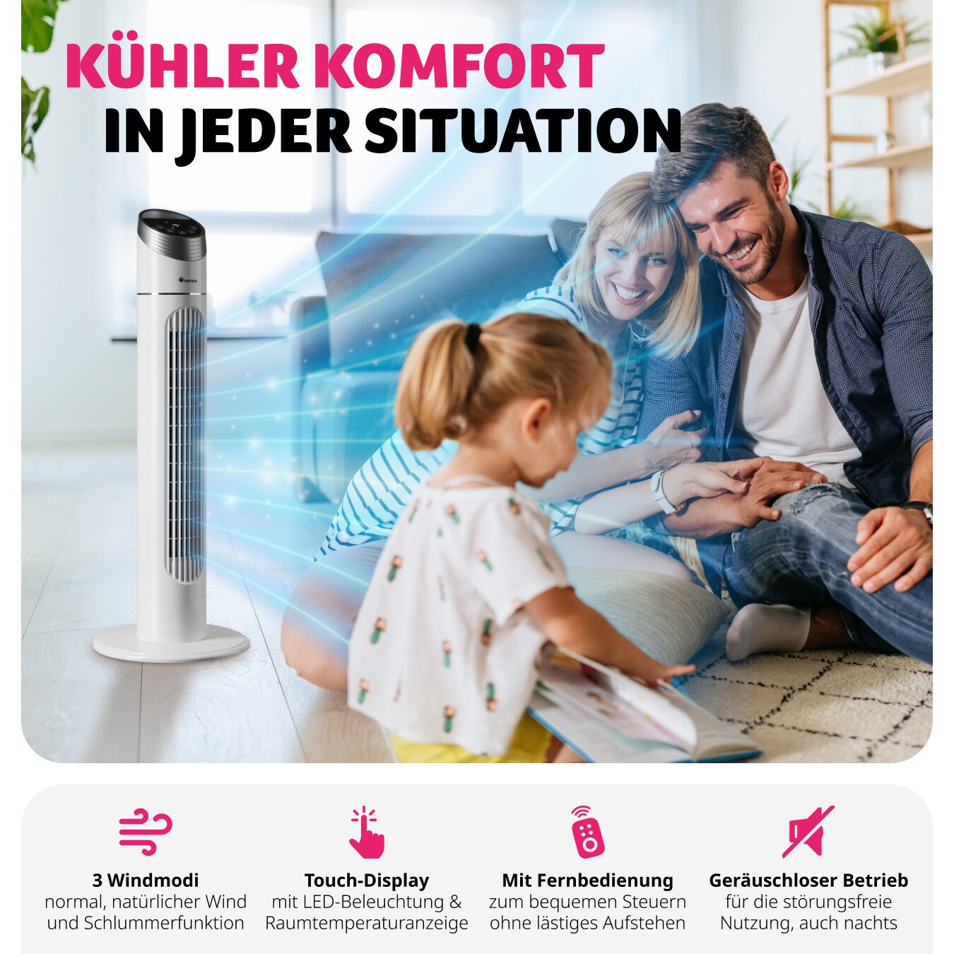 tectake® Turmventilator, oszilierend, mit Timer-Funktion, 31 x 90 cm