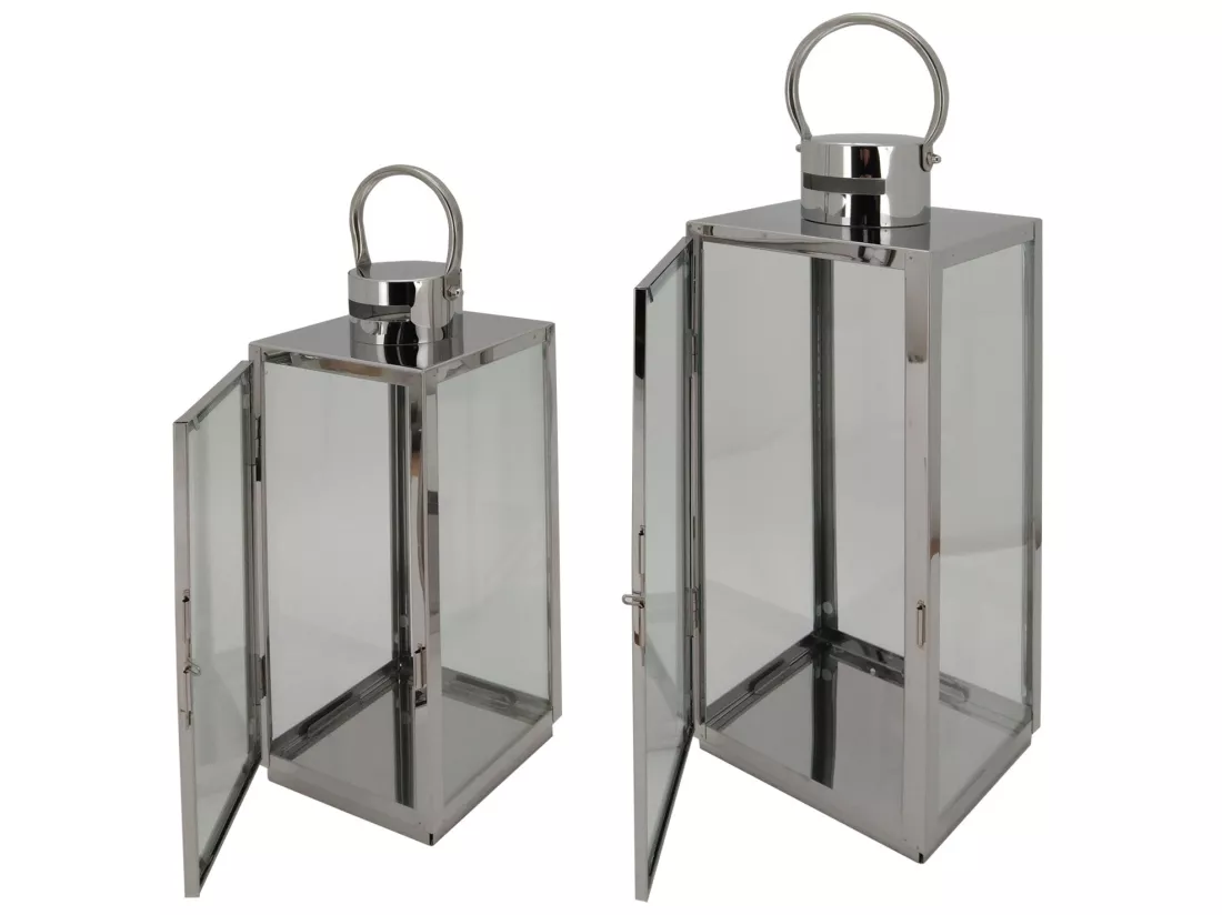 Lot de 2 Lanternes en Acier Pvc Gris Argenté pour Intérieur Extérieur