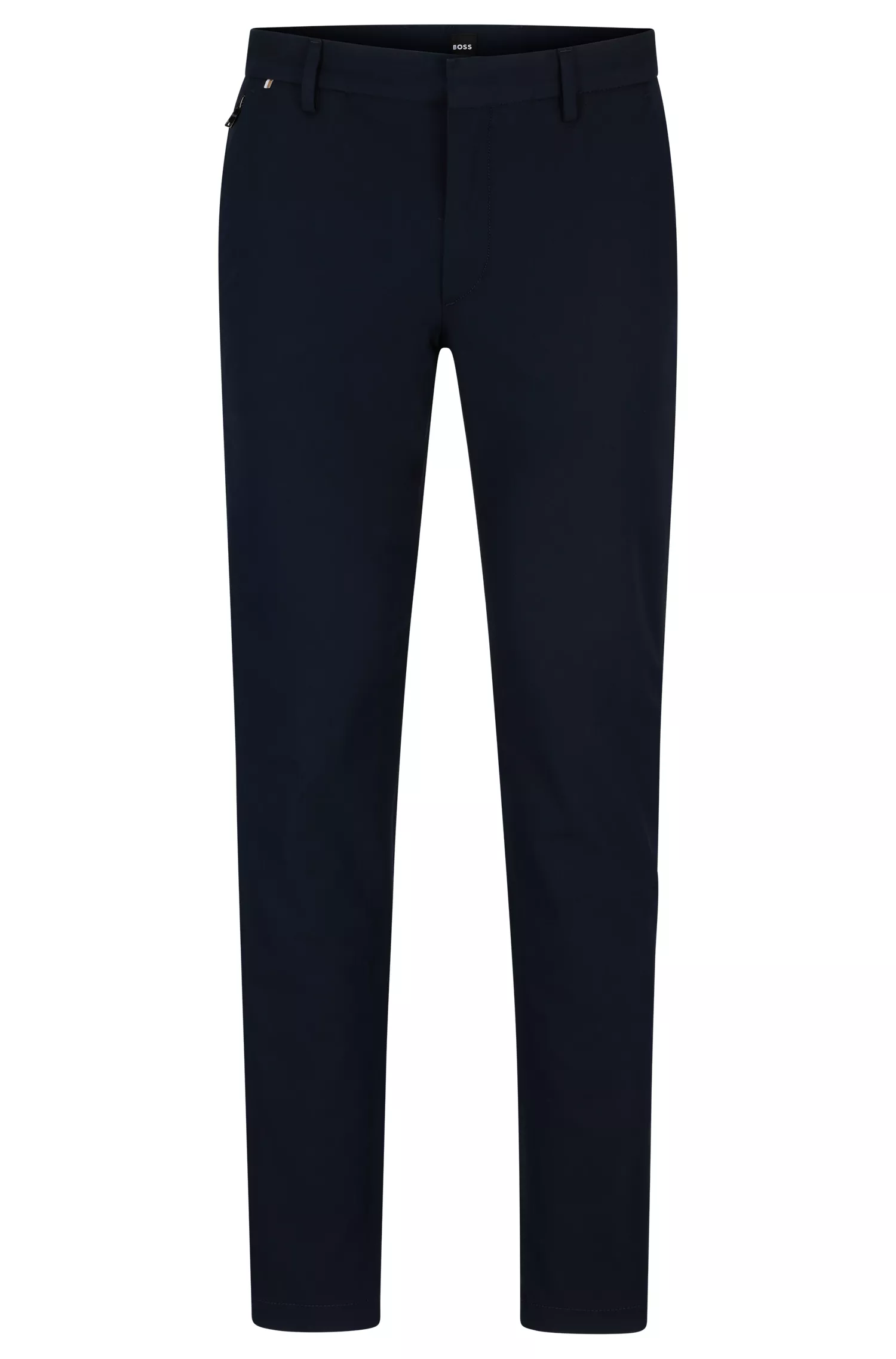 Calça BOSS preta, corte slim, em mistura de algodão com elastano.