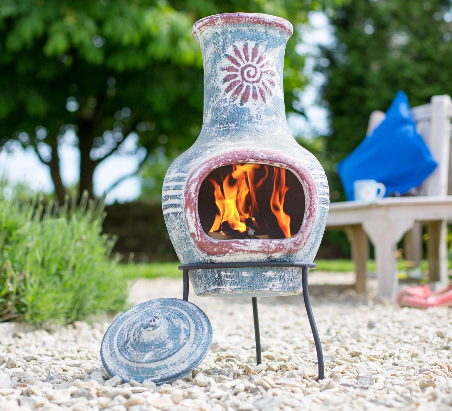 La Hacienda 67034 Swirl Clay Chimenea - Patio Heater - Handmade - Traditional - Log Burner - Sea Blue & Red with Protective Rain Lid and Solid Metal Stand,Medium