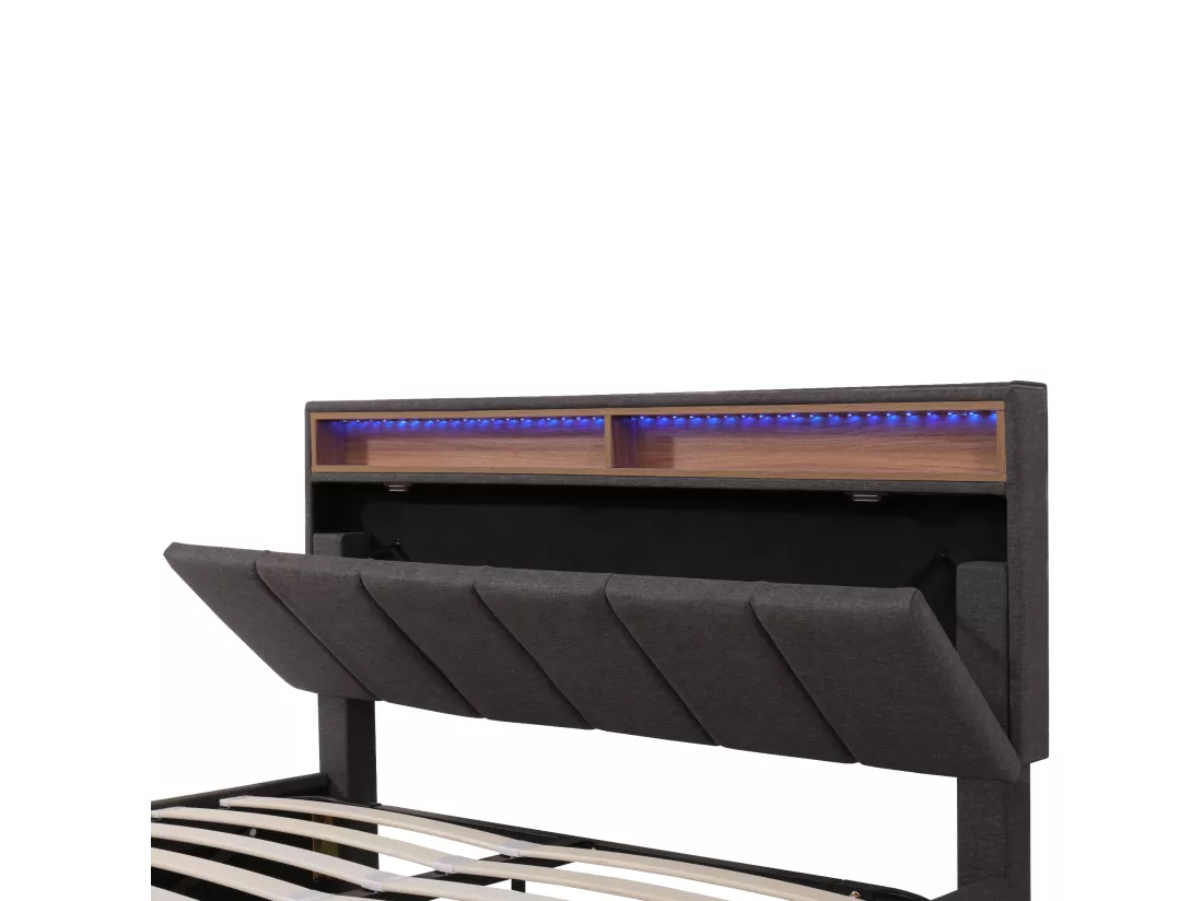 Lit coffre rembourré 140x190cm en lin avec tiroirs - tête de rangement avec LED - sommier à lattes - Gris