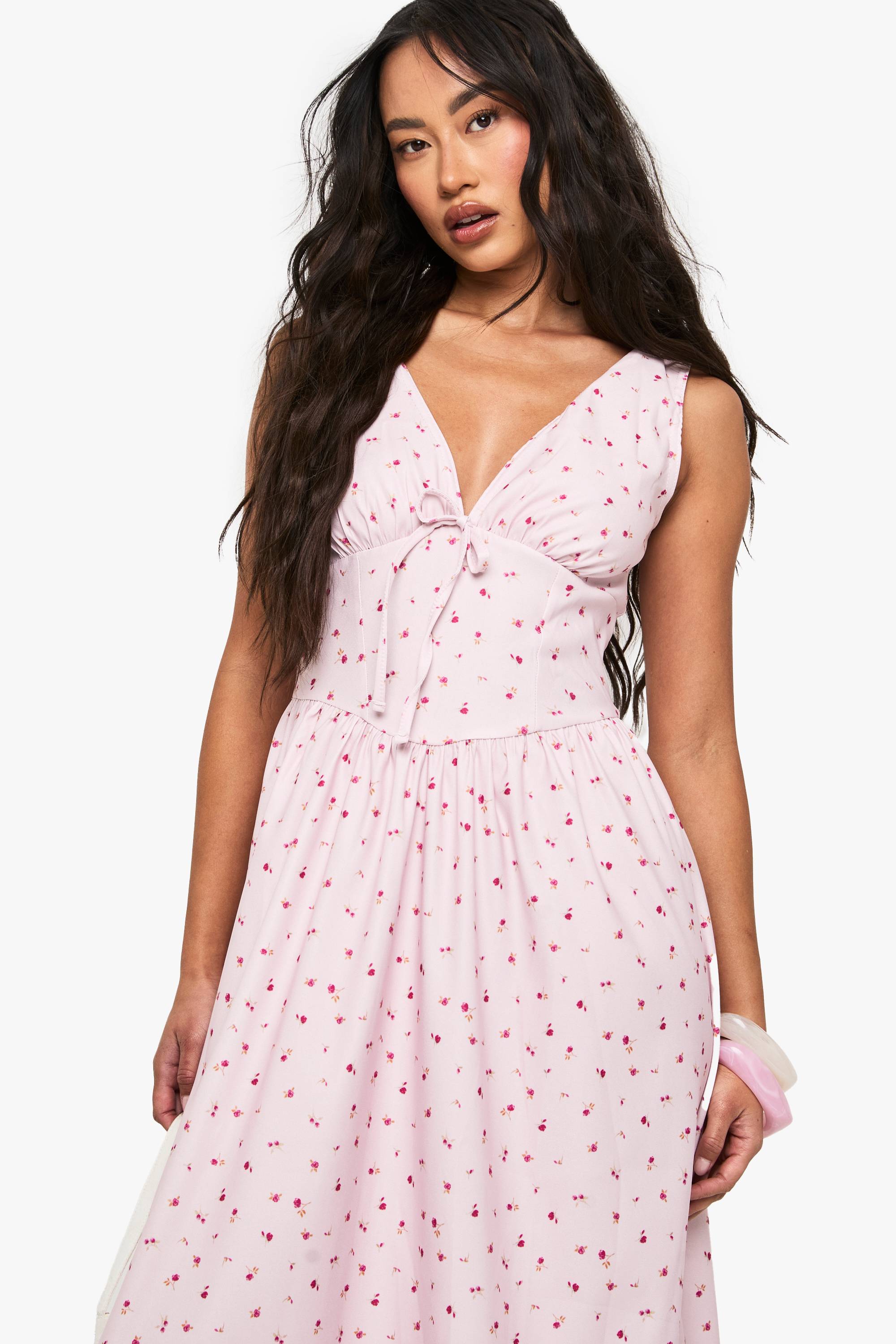 boohoo Ditsy Floral Tie Front Milkmaid Midaxi Dress