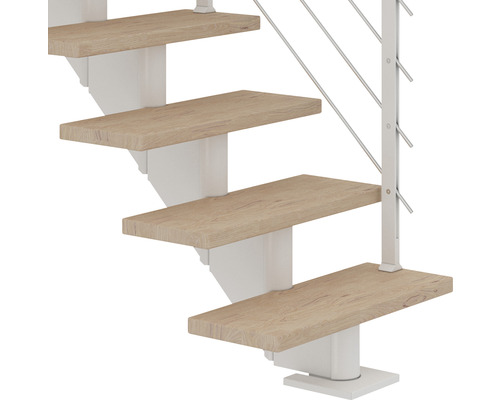 Pertura Alena Witte trap met middenligger, kwartslag, links/rechts onder, leuning van 85 cm, eiken gelamineerd hout, geolied, 11 treden / 12 stootborden