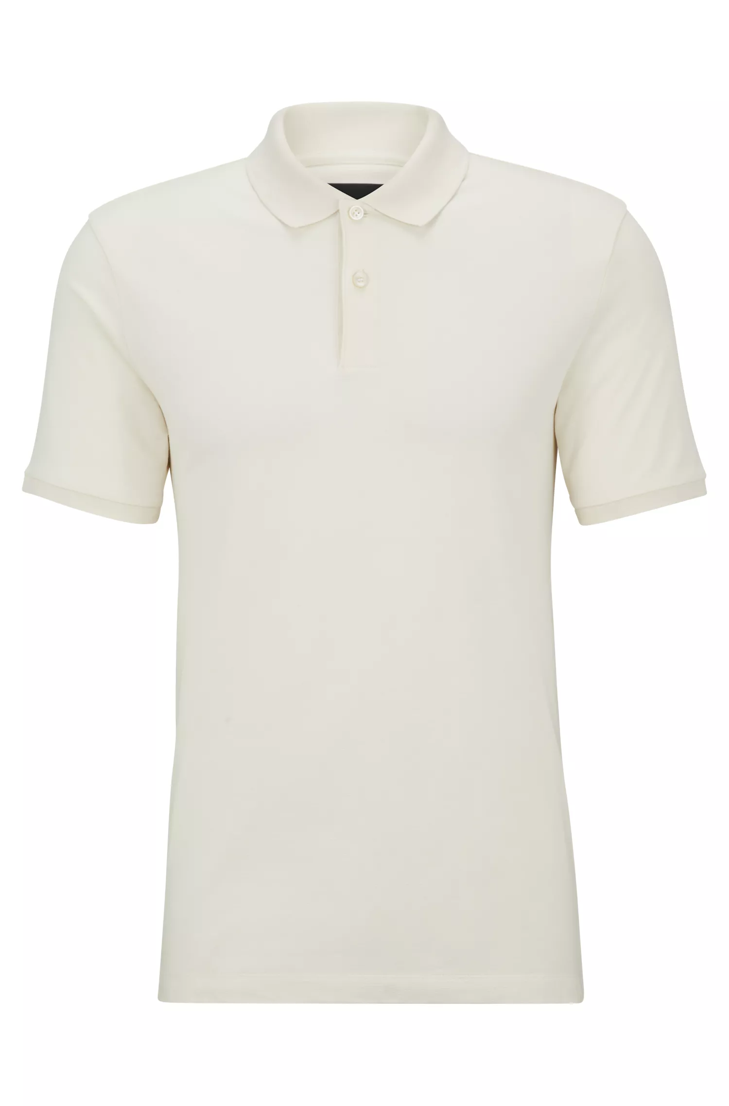 Camisa polo BOSS preta, corte regular, em algodão estruturado.