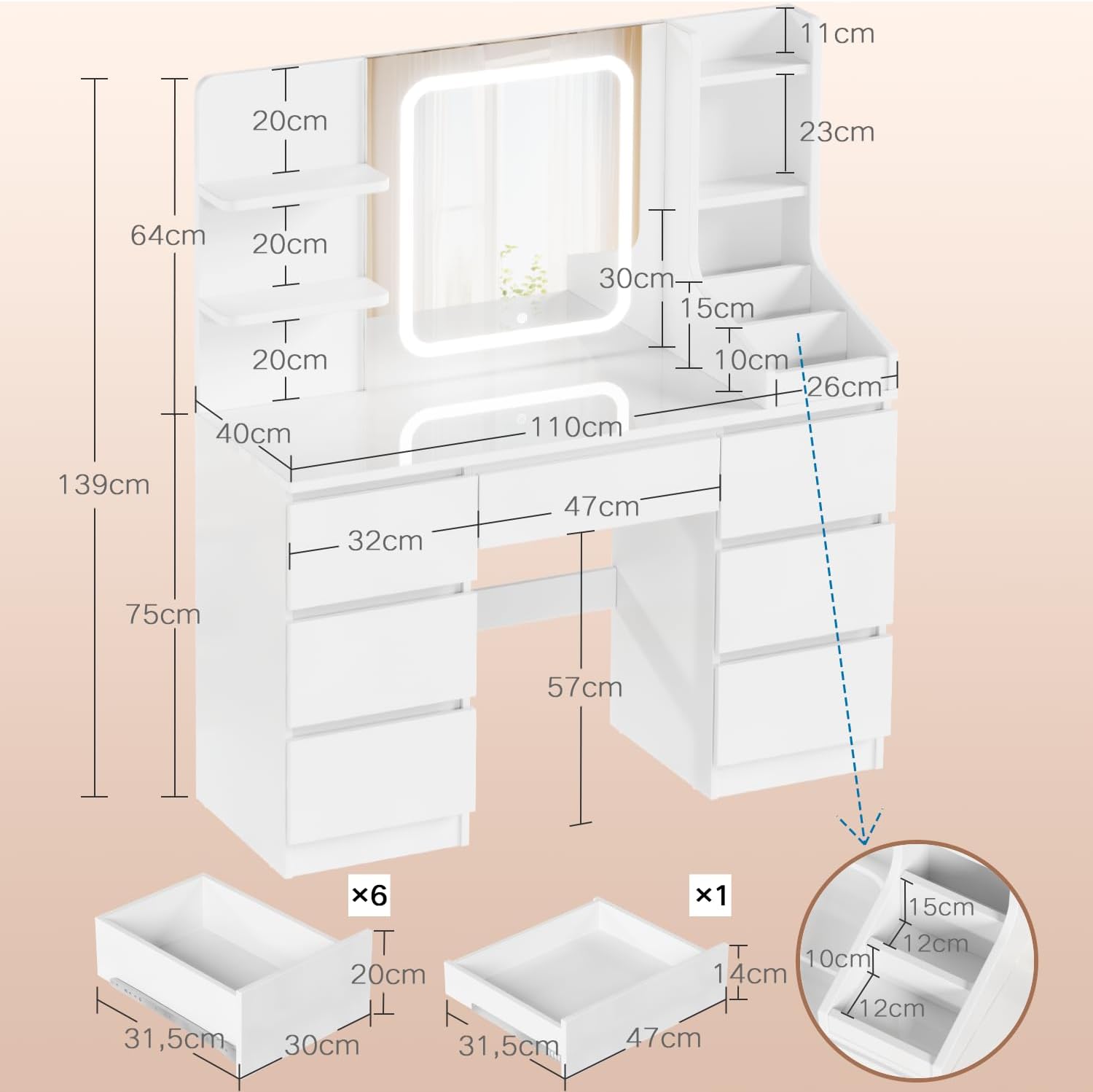 Devoko Große Schminktisch mit Beleuchtung und LED Verstellbaren Helligkeit, Schminktische mit Spiegel und 7 Schubladen, 7 offenen Ablagen, für das Schlafzimmer 110x40x140cm, Weiß