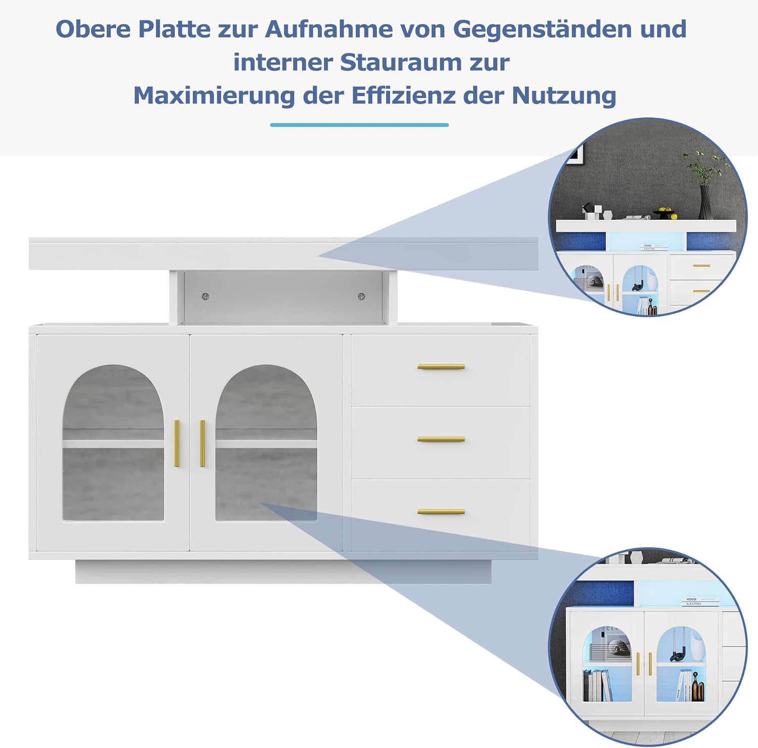 Merax Buffetschrank Sideboard mit LED-Leuchten, Kommode Schrank mit 2 Türen und 3 Schubladen, Modern Beistellschrank Mehrzweckschrank, für Wohnzimmer Esszimmer Flur, Hochglanz-Weiß, 120x40x80cm