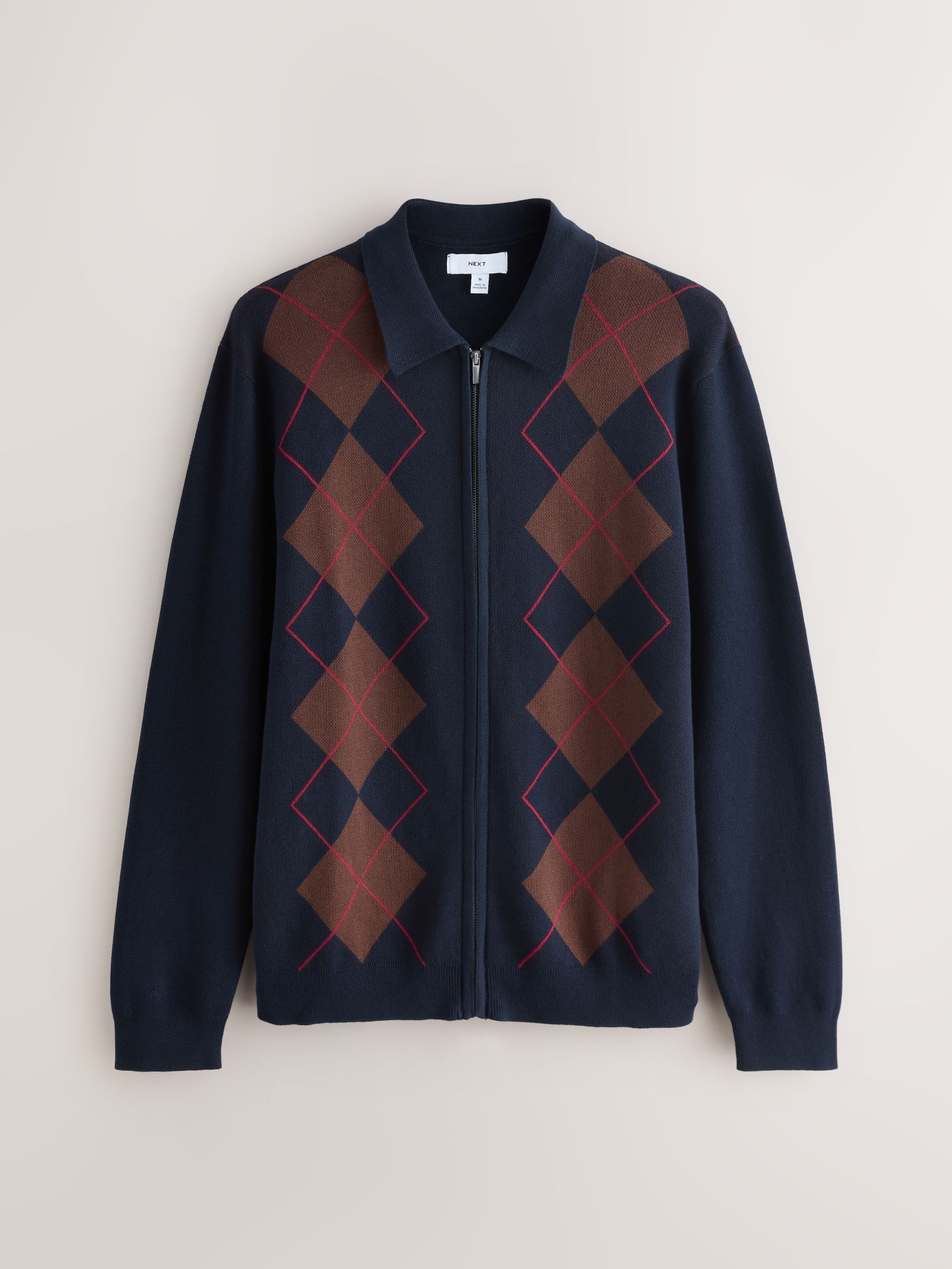 Donkerblauw - Regular Fit Argyle Pattern Collared Zip Through Cardigan
