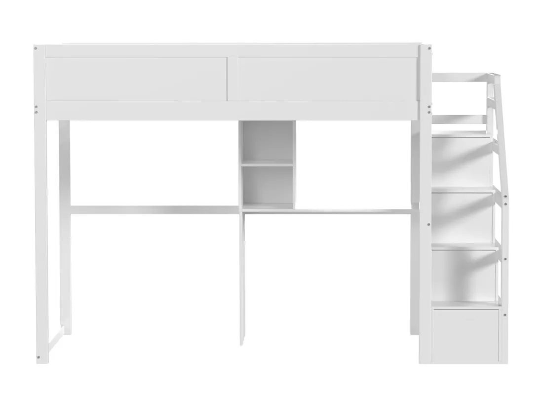 Lit superposé 90 x 200 cm Escalier de sécurité avec rangement caché Compartiment de rangement bureau Design clôture haute Blanc