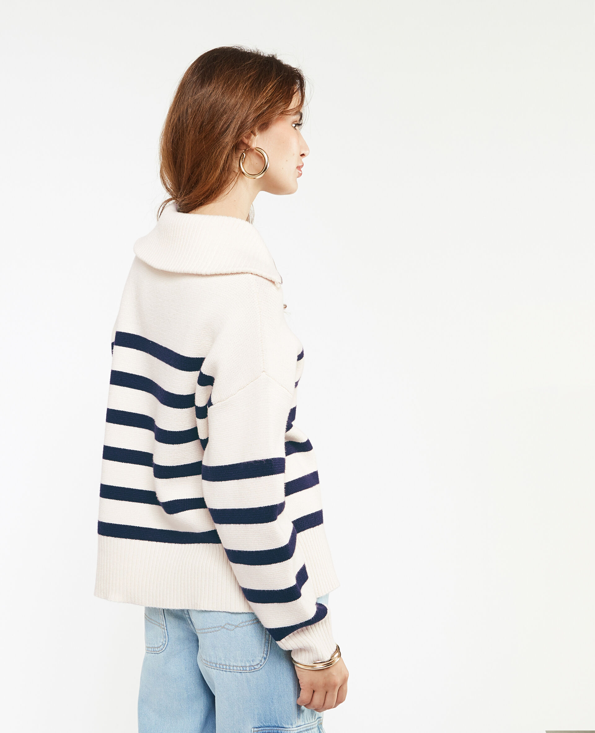 Pull droit col camionneur rayé - Blanc