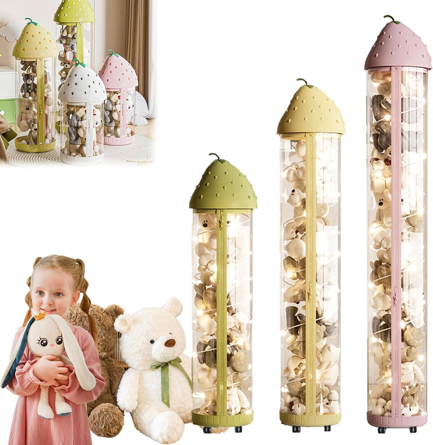 (Ø25x120cm) Spielzeug Organizer Säule LED Stofftier Röhre Kinderzimmer Aufbewahrungs Box im Erdbeer Design - Weiss