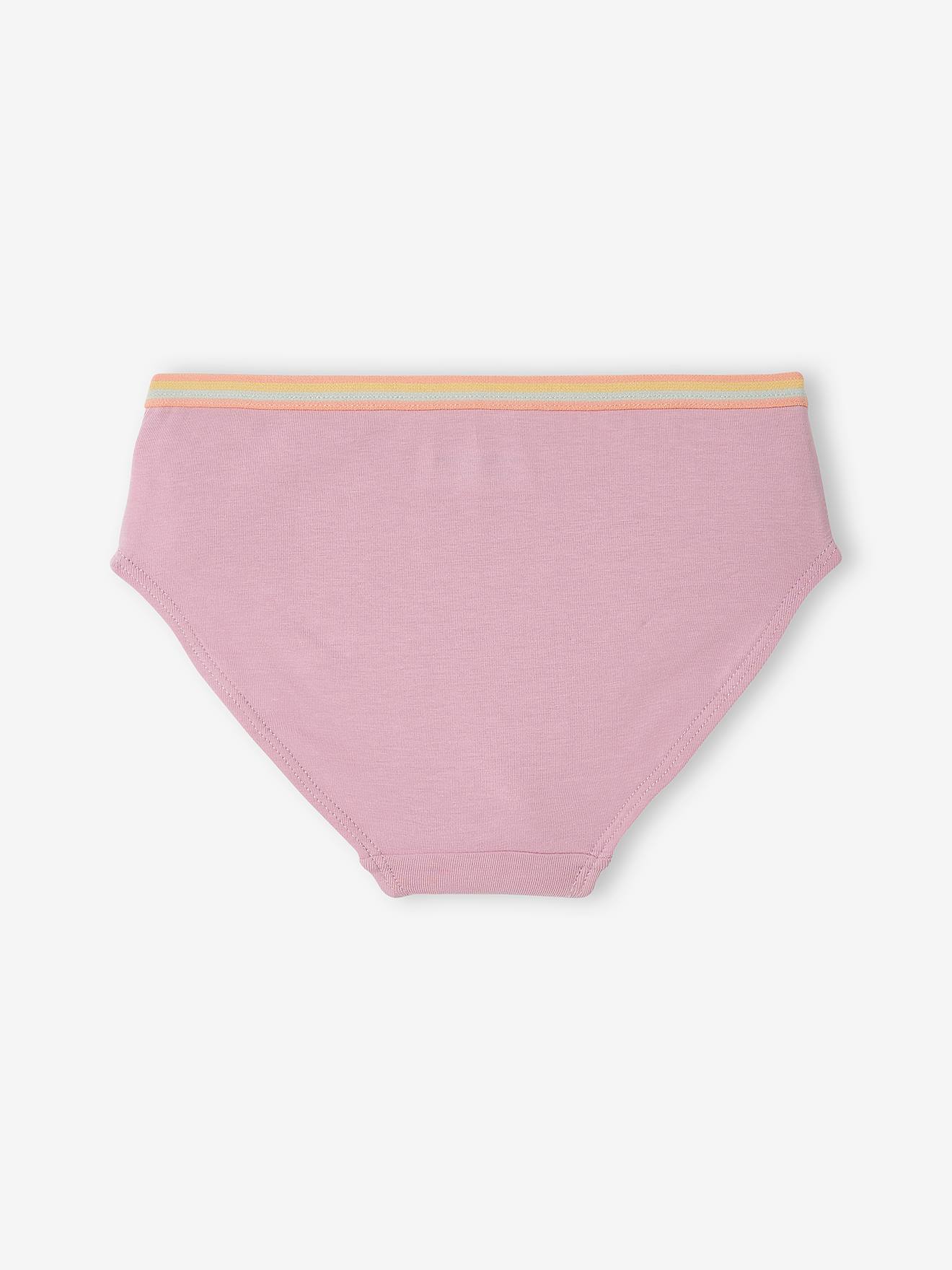 Pacote com 5 calcinhas unicórnio, tamanho médio infantil, lisinhas, violeta com estampas.