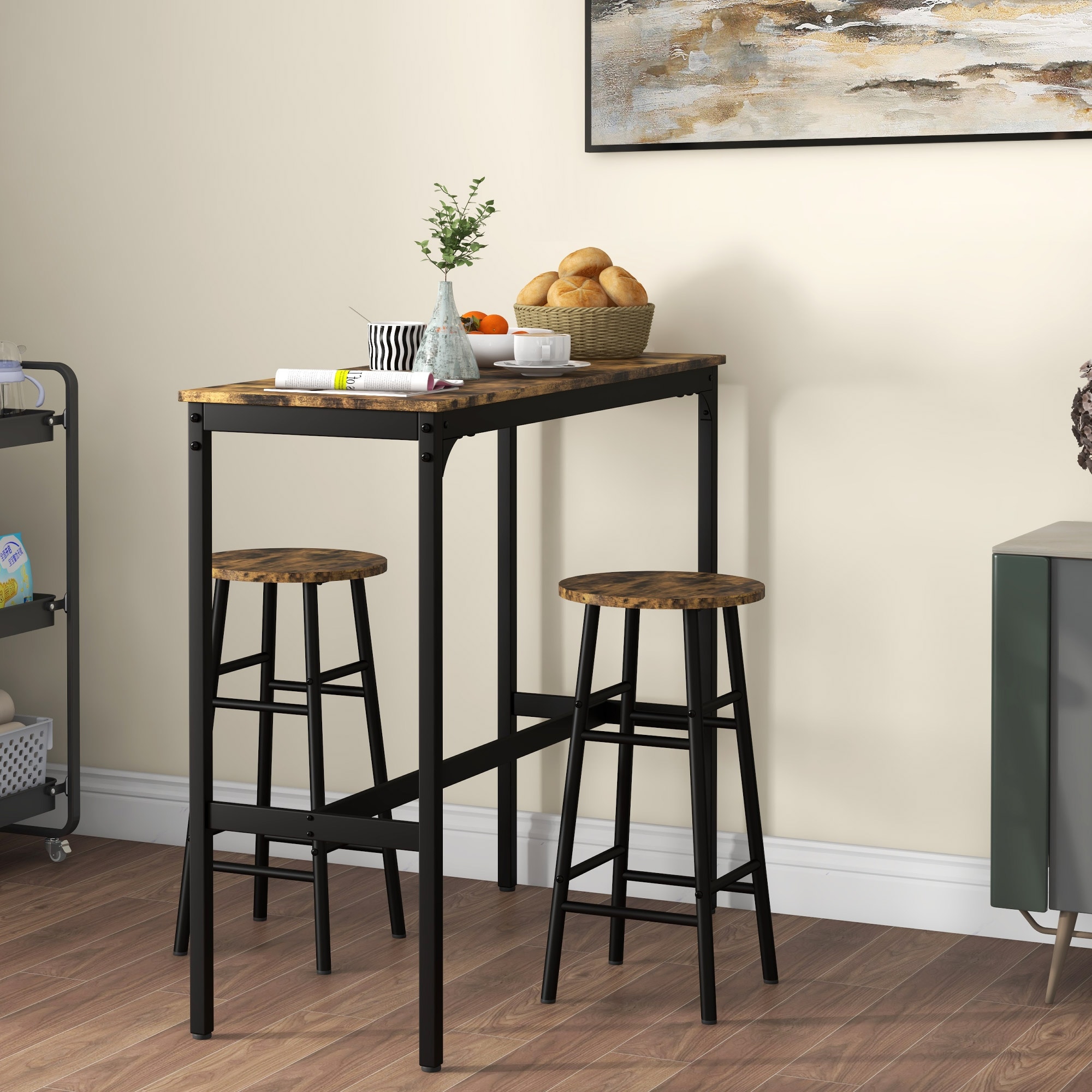 HOMCOM Bartisch-Set mit 2 Hocker braun 105L x 40B x 90H cm