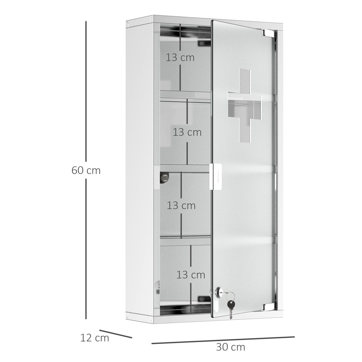 HOMCOM Medicijnkast, EHBO-kast met slot, roestvrij staal, 30 x 12 x 60 cm