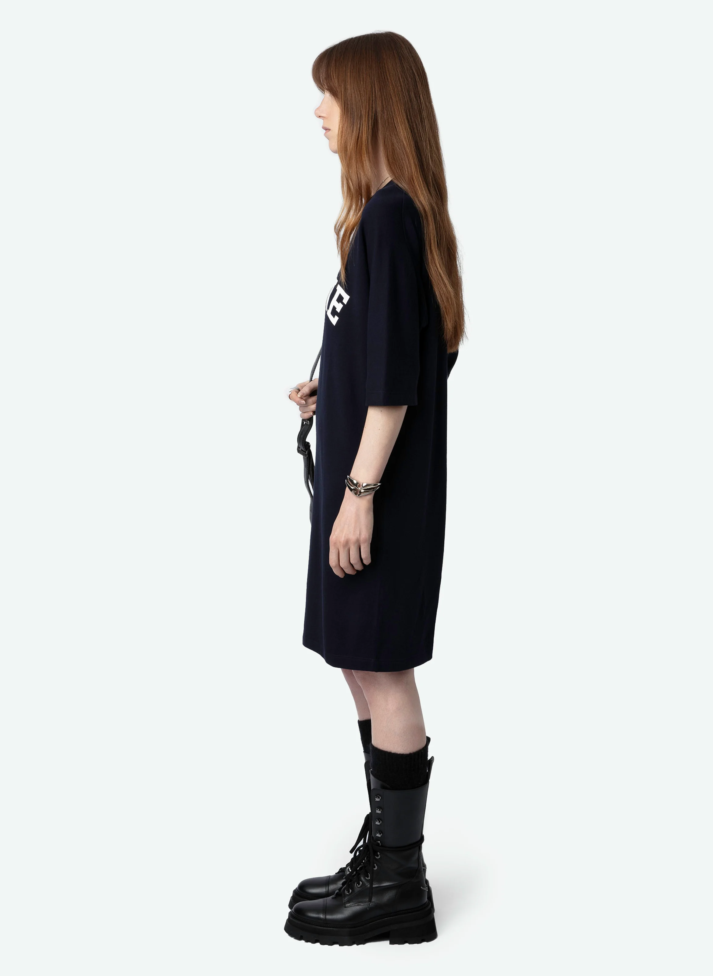 PORTMAN - Robe midi col rond en coton bio mélangé | Bleu