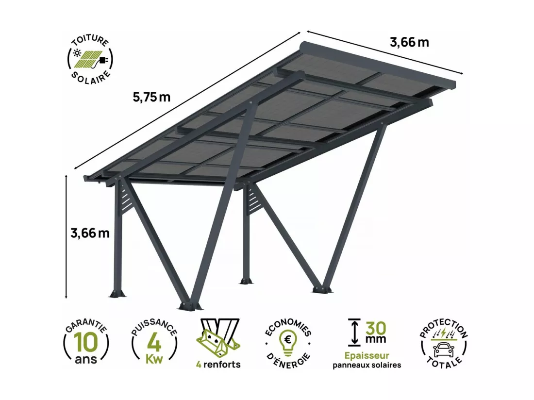 Ombrière Carport solaire avec panneaux photovoltaïques - 366 x 575 x 366 cm - Gris - 4,1 kW