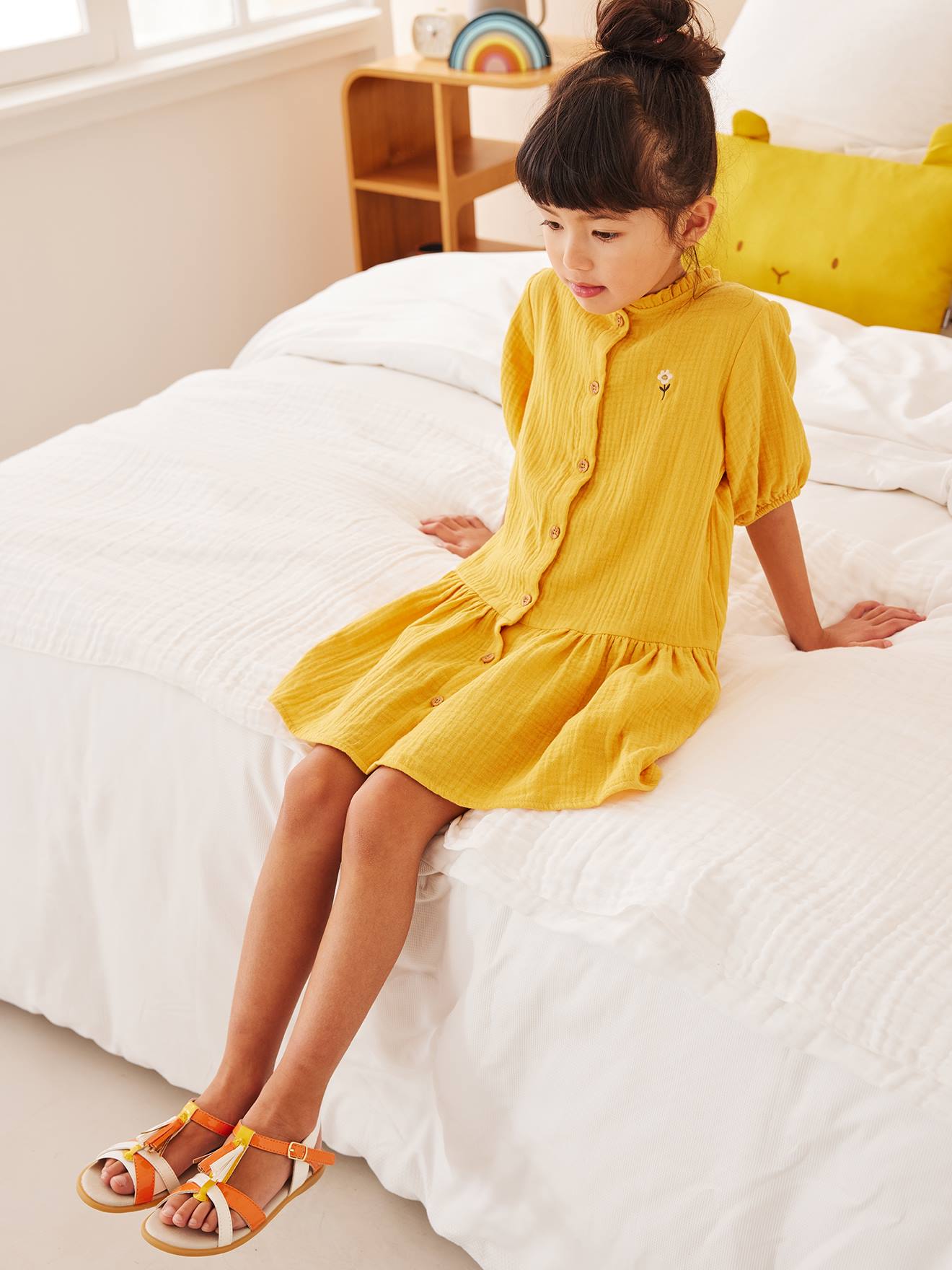 Vestido rosa de chiffon de algodão com botões e mangas 3/4 para meninas