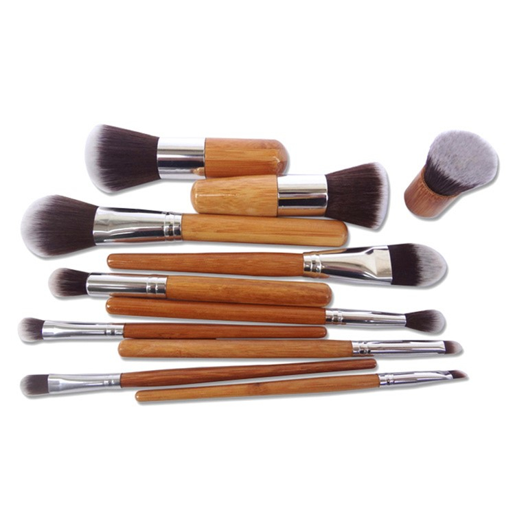 (11-tlg. Set) Bambus Beauty Make Up Puder Pinsel Set mit Aufbewahrungstasche - Braun