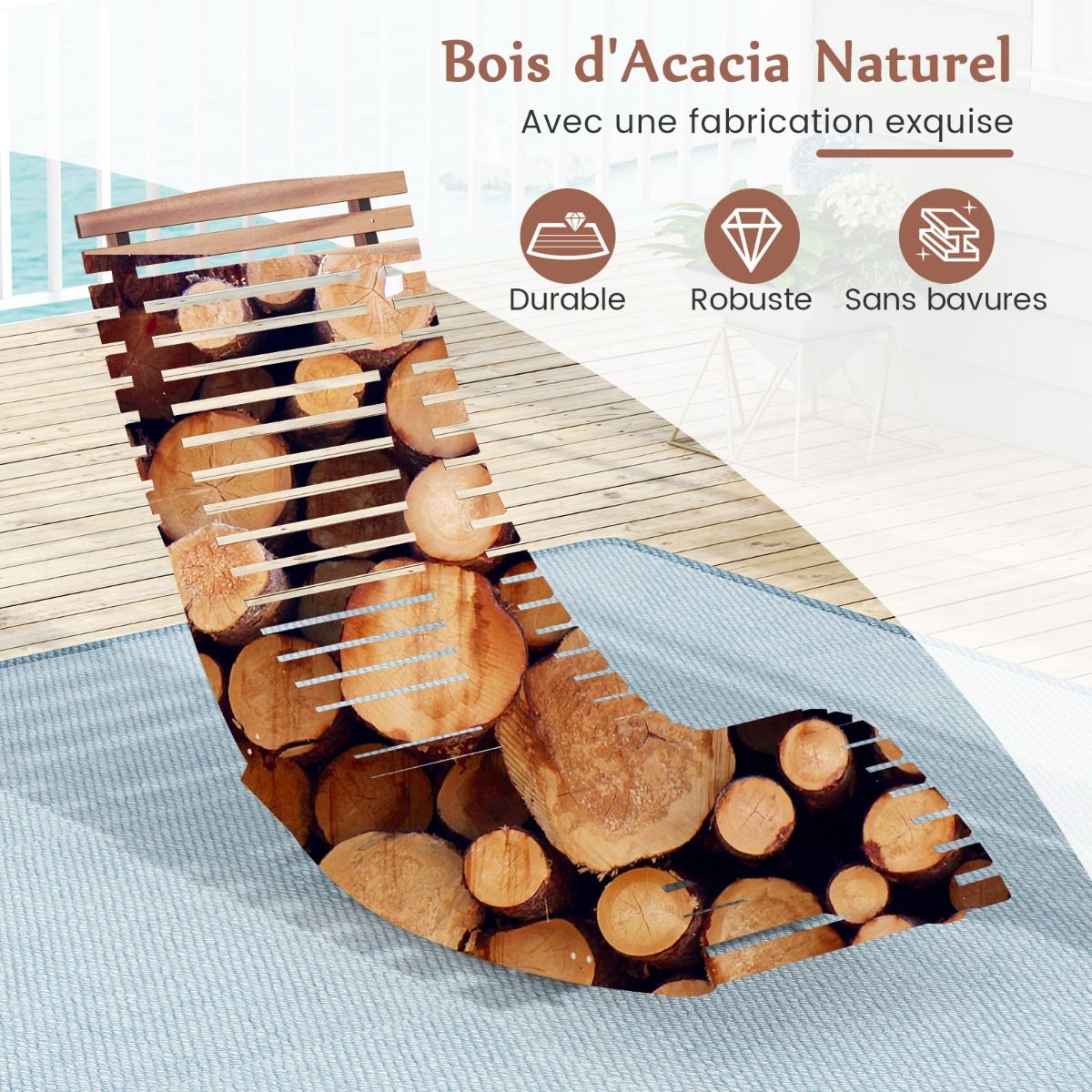 Lot de 2 Chaises Longue à Bascule en Bois d'Acacia Conception à Lattes Butées de Fond Charge Max 160KG Transat Ergonomique Naturel - Lidl-Manfred