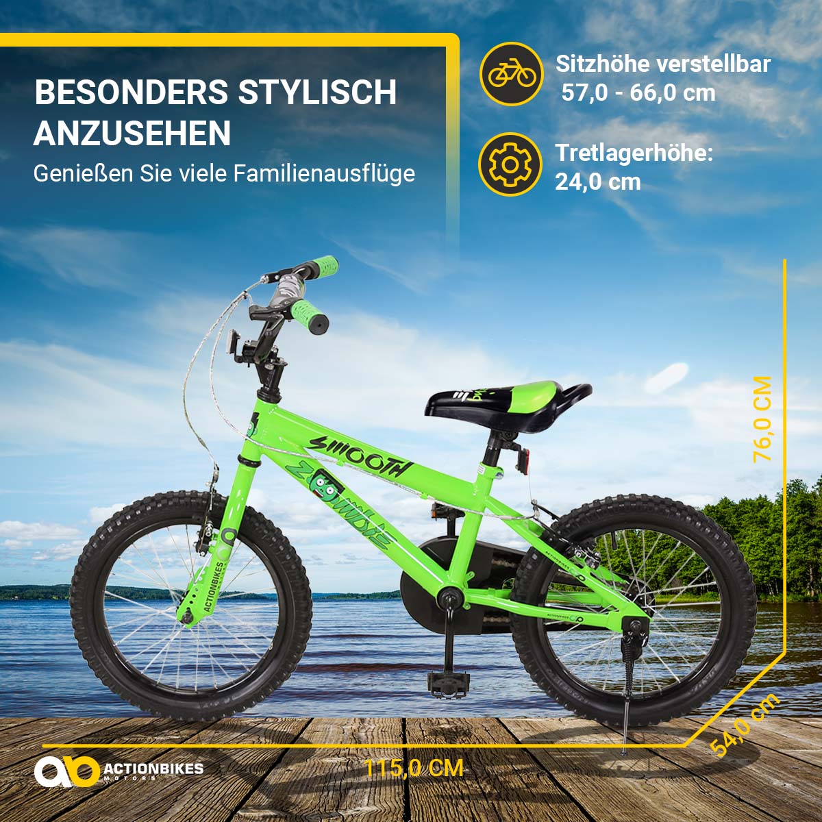 Actionbikes Kinderfahrrad Zombie 16 Zoll, V-Brake-Bremsen, höhenverstellbar, Stützräder, Reflektoren