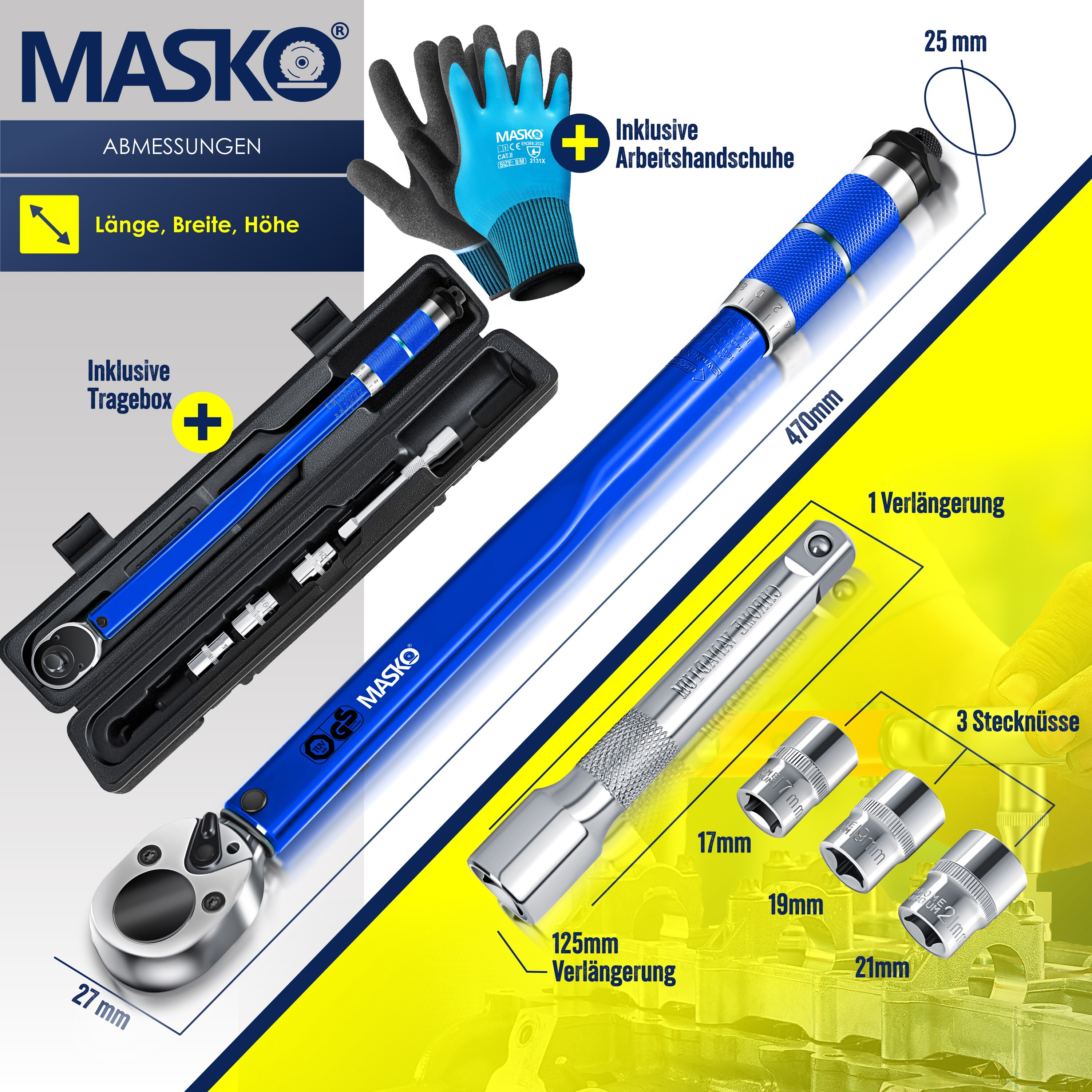 MASKO® Drehmomentschlüssel 6tlg. Set 40-210Nm 1/2 ' CV inkl. 3 Stecknüssen 17mm, 19mm, 21mmund Verlängerung 125mminkl. Koffer +/- 4% ToleranzReifenschlüssel Auto Drehmoment-Schlüssel