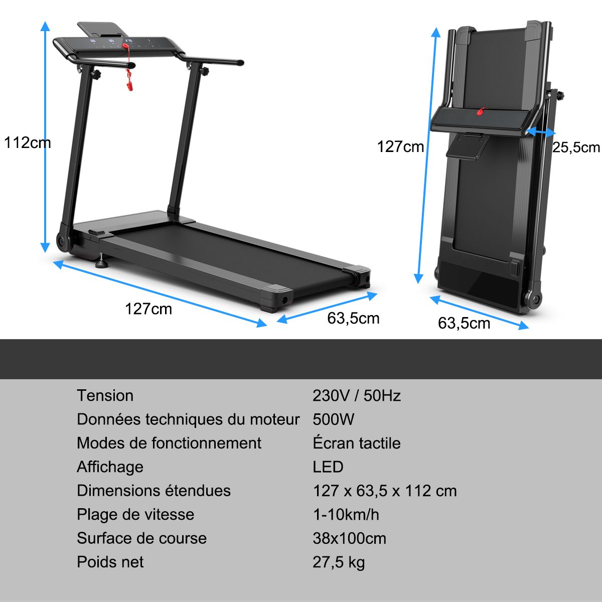 Tapis de Course/Marche Pliable 500W 12 Programmes Prédéfinis 0,8-9,6 Km/h Ecran Tactile LED 4 Touches de Raccourci Noir Support pour Ipad - Lidl-Manfred