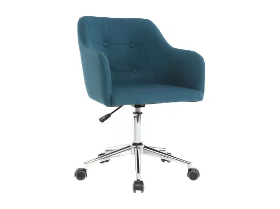 Chaise de bureau à roulettes capitonnée en tissu bleu canard et acier chromé BALTIK