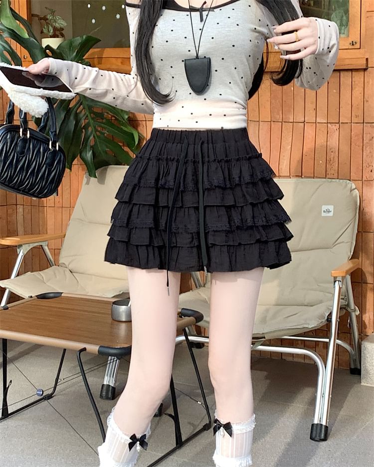 Joyciful - Hoge taille, effen, geplooide, gelaagde mini-A-lijn rok