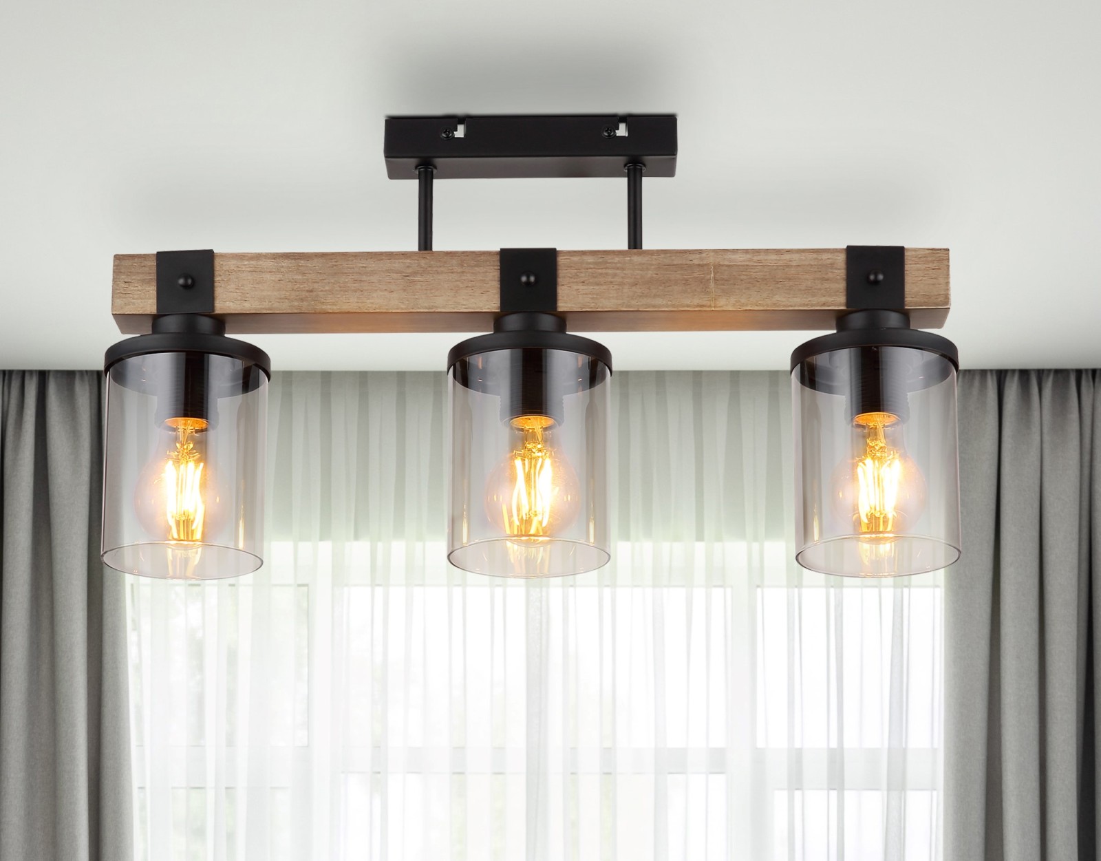 Deckenlampe - schwarz matt - Holz - rauchfarbende Gläser - 52 cm