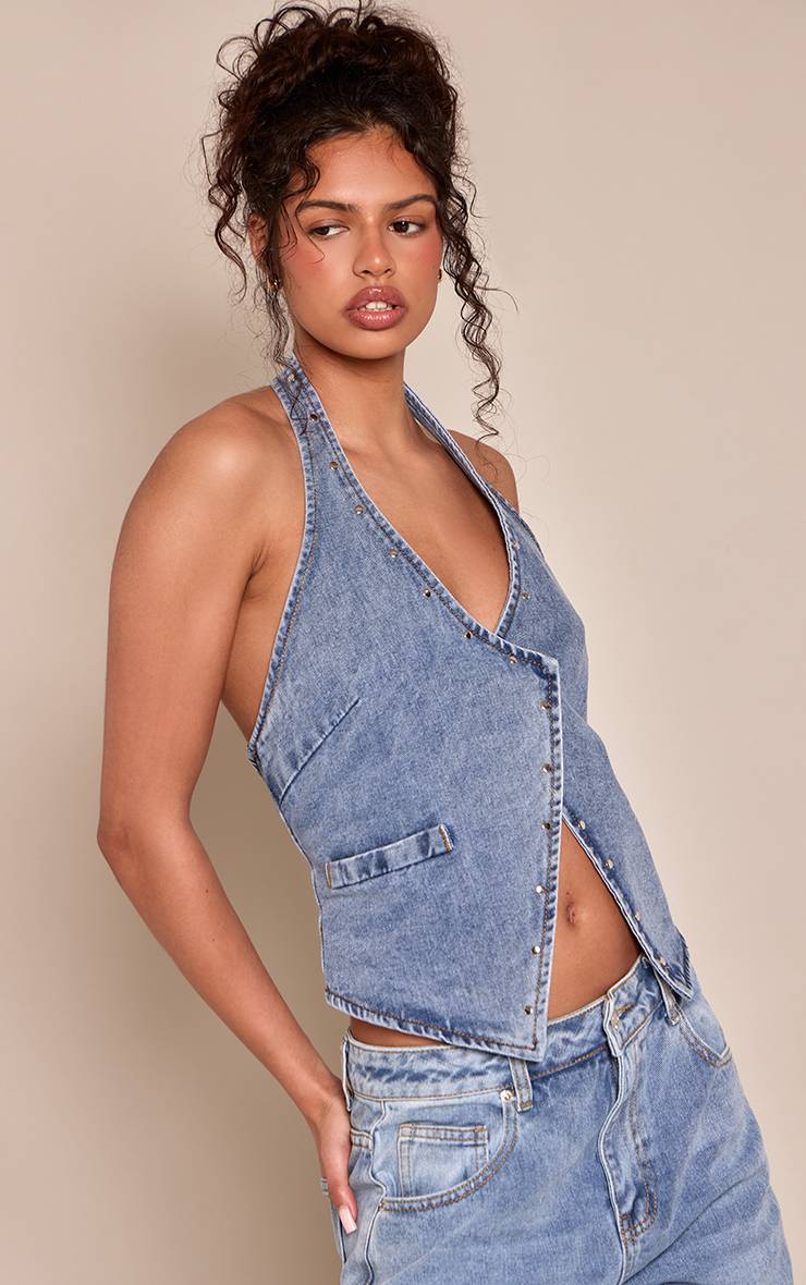 Mid Blue Wash Gilet En Jean À Clous Avec Col Licou