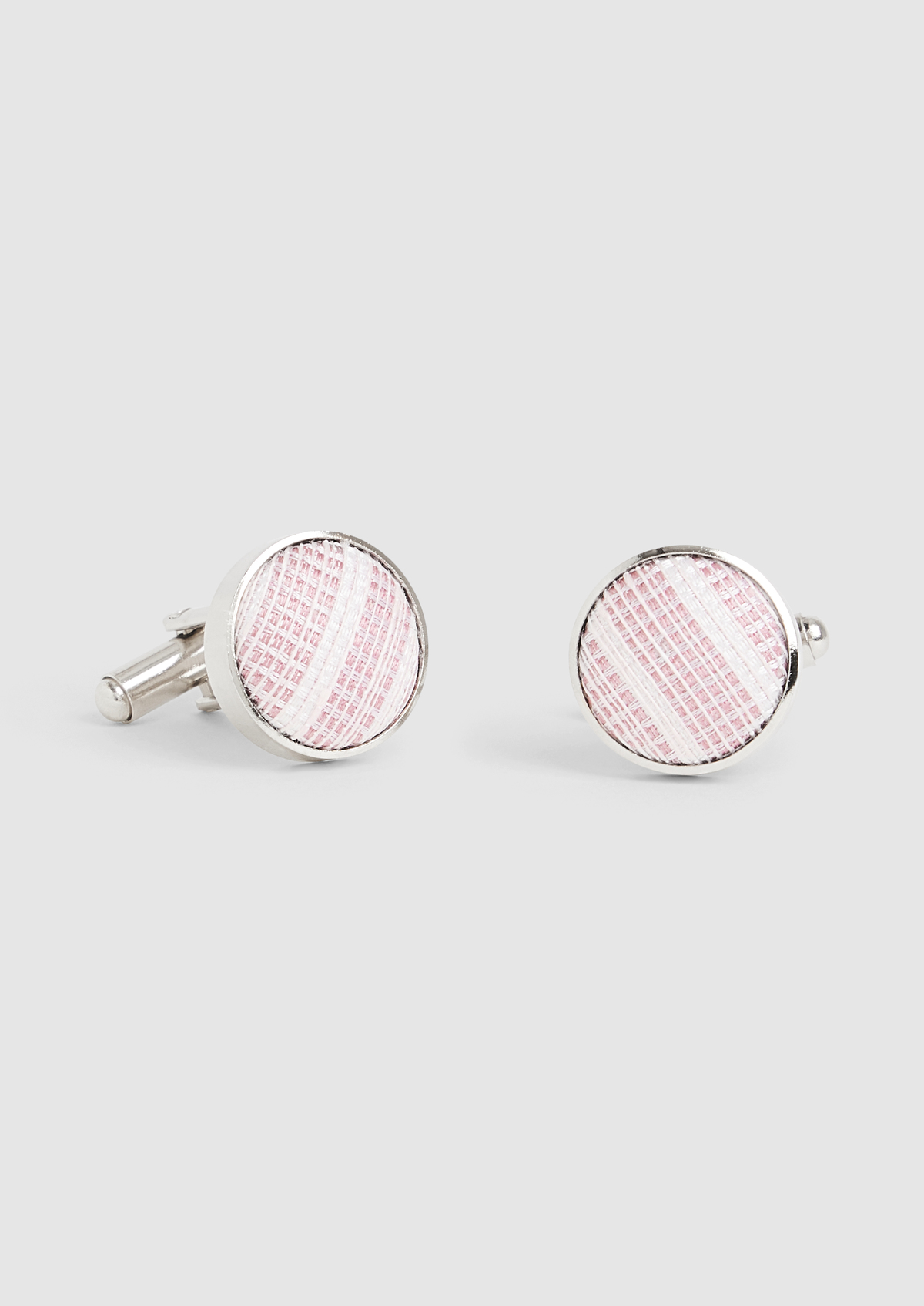 Boutons de manchettes ronds en soie et coton rose pâle à rayures blanches