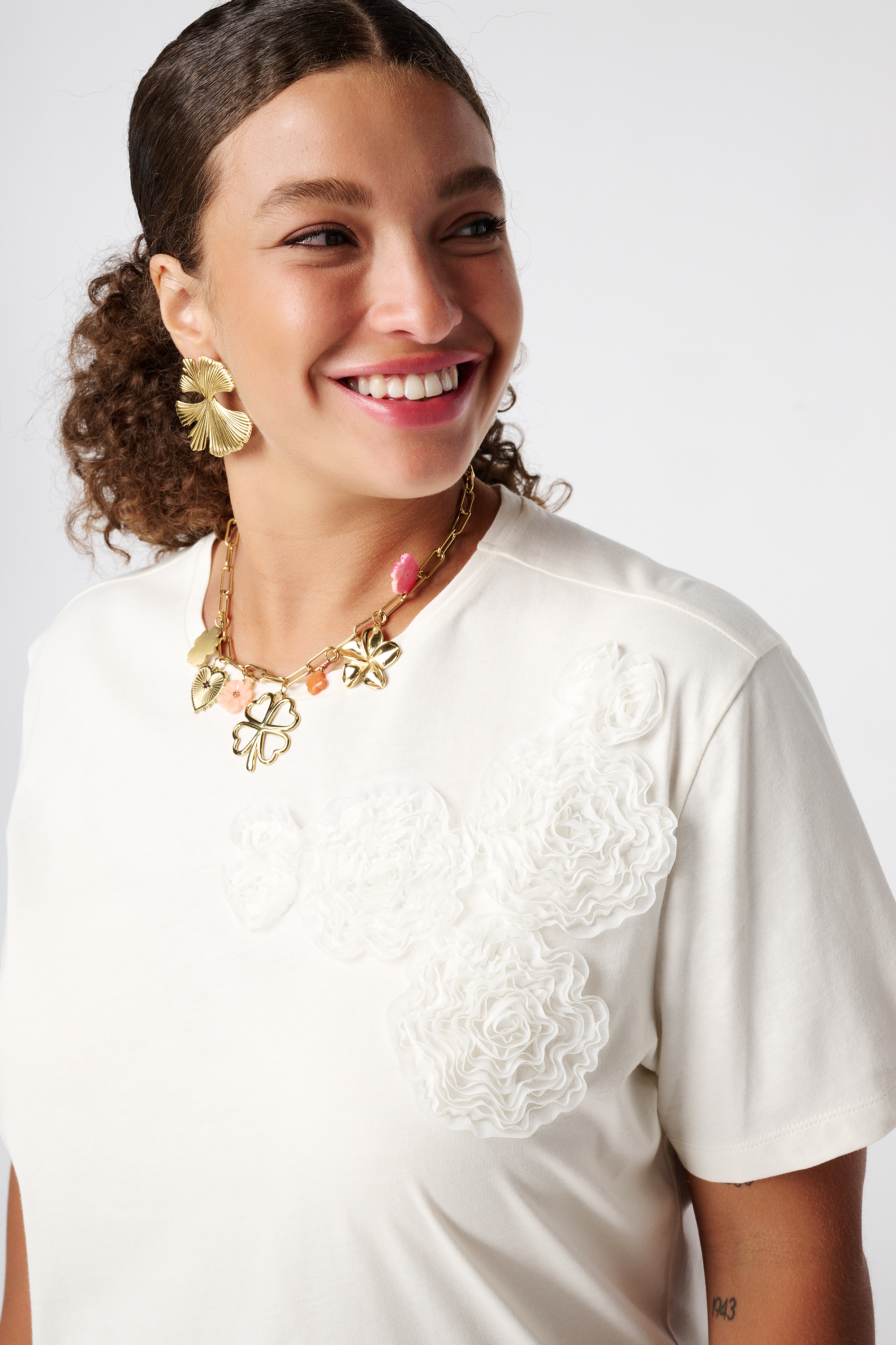 T-shirt met geborduurde opdruk Cream