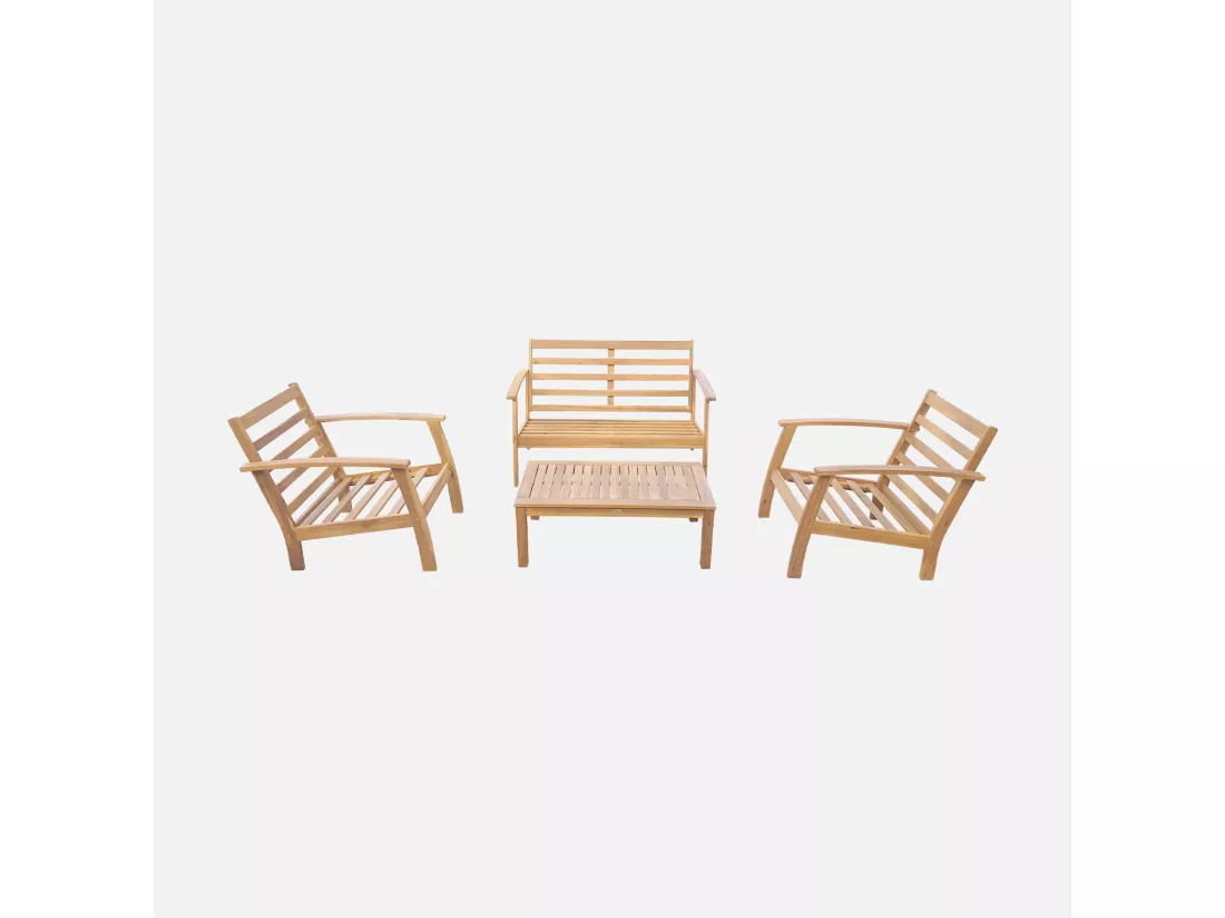 Salon de jardin en bois 4 places - Ushuaïa - Coussins vert de gris. canapé. fauteuils et table basse en acacia. design