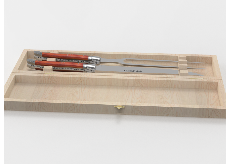 Service à viande Laguiole avec un manche en bois de corail et mitres en acier inoxydable