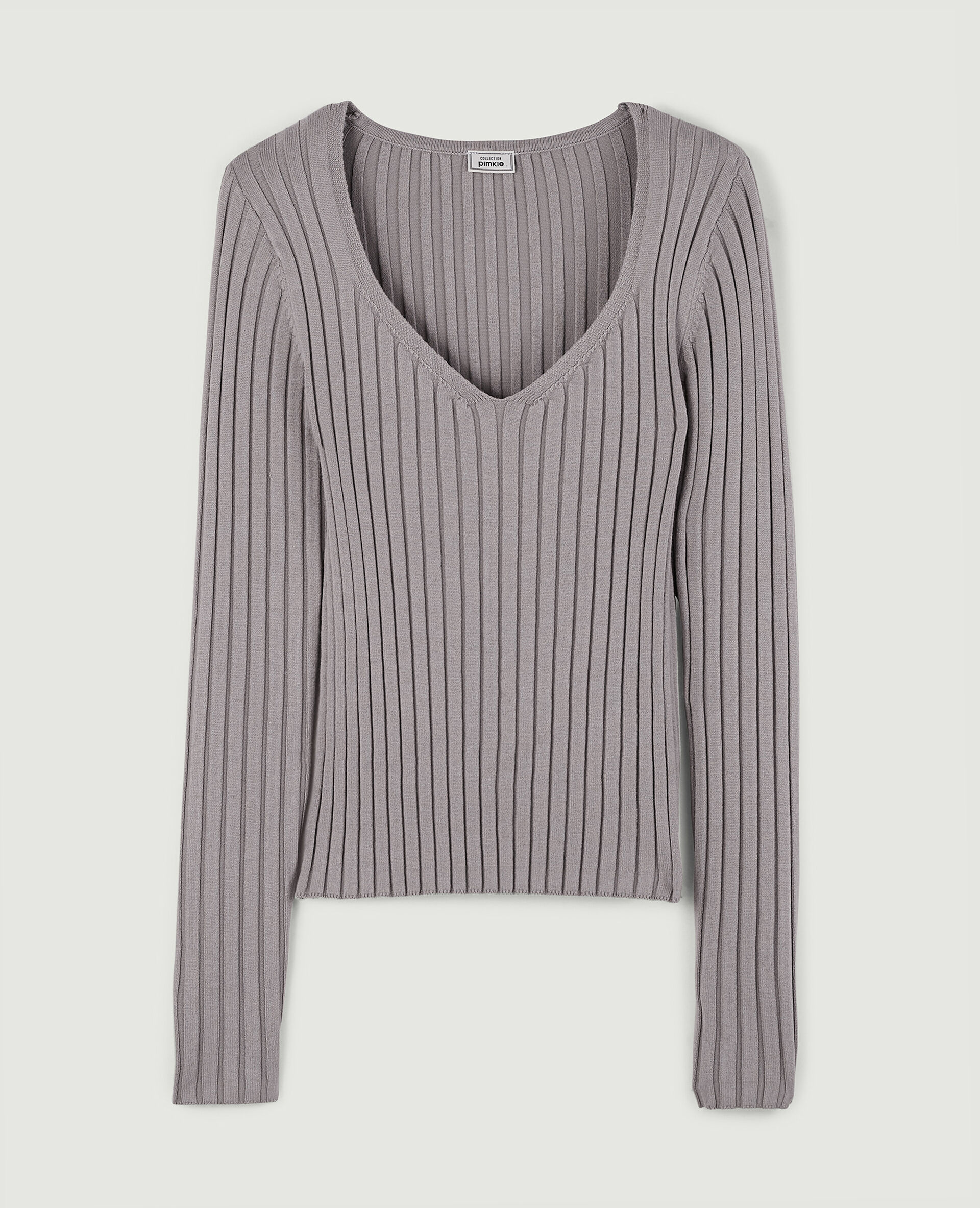 Pull col V en maille côtes plates - Gris